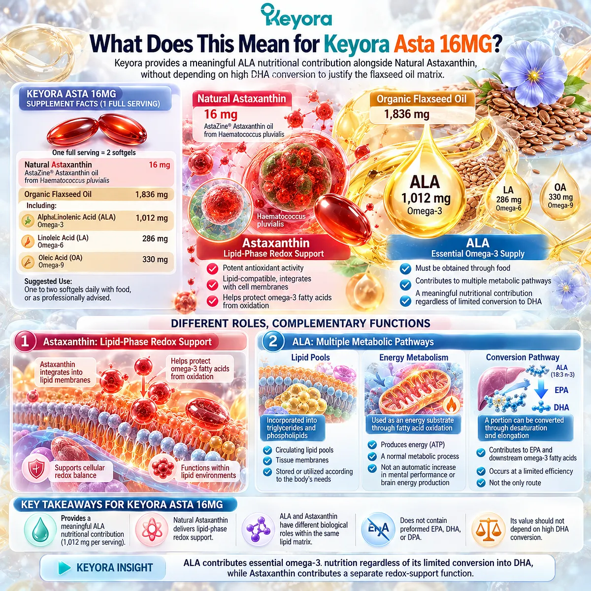 Keyora Asta 16MG combines 1,012 mg essential ALA omega-3 from flaxseed oil with 16 mg Natural Astaxanthin, linking independent omega-3 nutrition and lipid-phase redox support. Keyora Asta 16MG combines 1,012 mg essential ALA omega-3 from flaxseed oil with 16 mg Natural Astaxanthin, linking independent omega-3 nutrition and lipid-phase redox support.