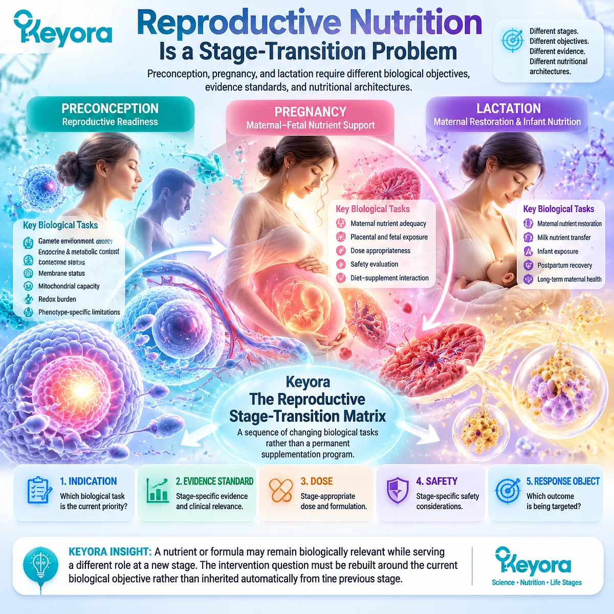 Preconception nutrition, pregnancy and lactation stage transition map showing reproductive readiness, nutrient adequacy, safety and Keyora Female Chrono-Nutrition Reproductive Stage-Transition Matrix. Preconception nutrition, pregnancy and lactation stage transition map showing reproductive readiness, nutrient adequacy, safety and Keyora Female Chrono-Nutrition Reproductive Stage-Transition Matrix.