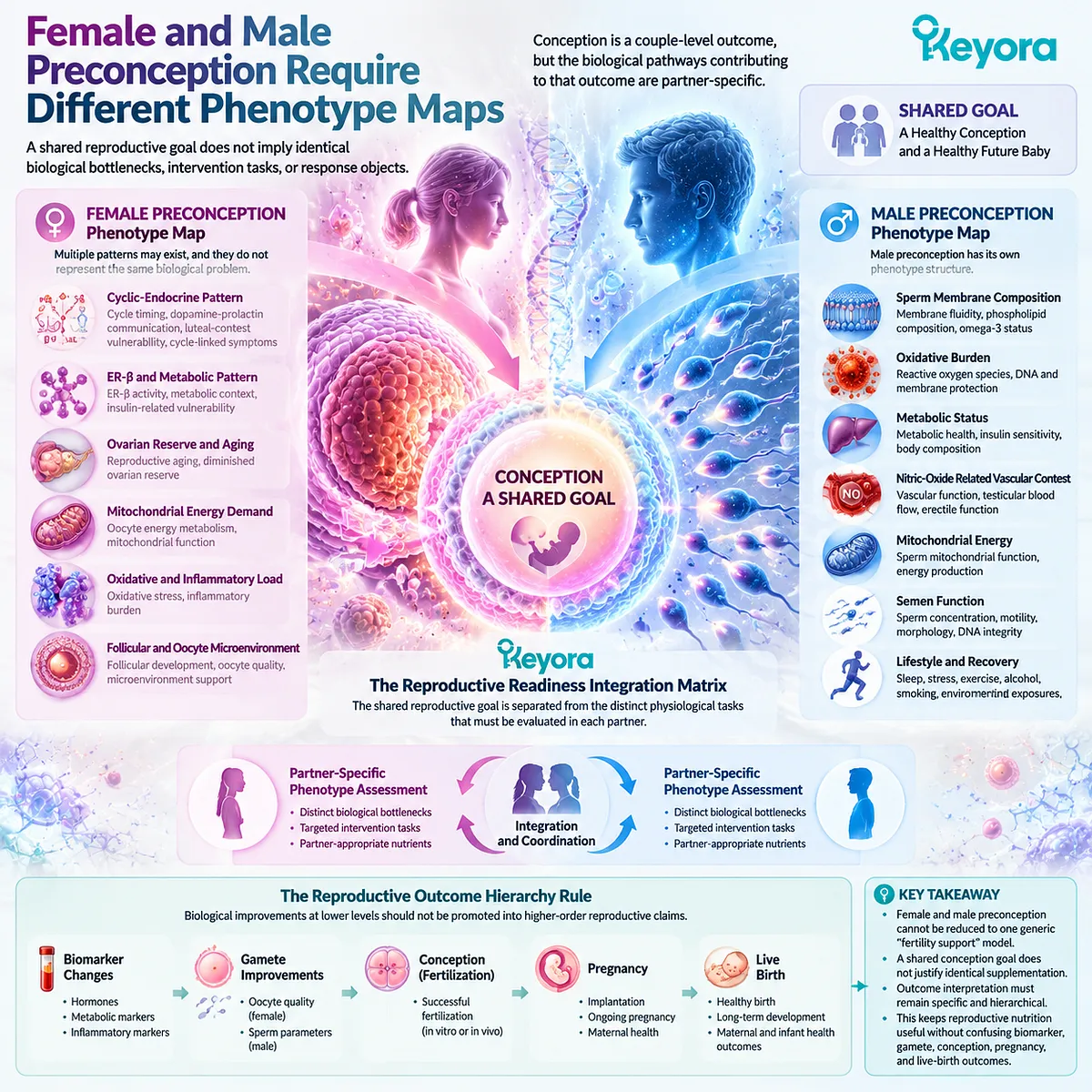 Preconception nutrition for female and male reproductive wellness showing phenotype-specific pathways, sperm and oocyte biology, oxidative balance and Keyora Reproductive Readiness Integration Matrix. Preconception nutrition for female and male reproductive wellness showing phenotype-specific pathways, sperm and oocyte biology, oxidative balance and Keyora Reproductive Readiness Integration Matrix.