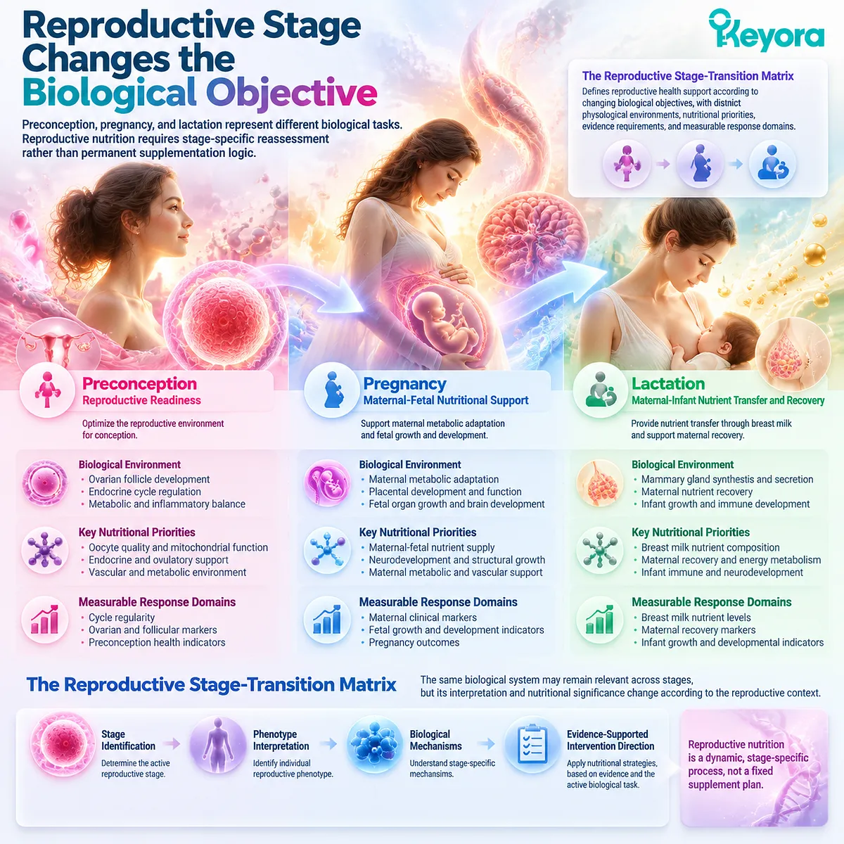 Reproductive nutrition stage-specific framework showing preconception readiness, pregnancy maternal-fetal support and lactation recovery through Keyora Female Chrono-Nutrition Reproductive Stage-Transition Matrix. Reproductive nutrition stage-specific framework showing preconception readiness, pregnancy maternal-fetal support and lactation recovery through Keyora Female Chrono-Nutrition Reproductive Stage-Transition Matrix.