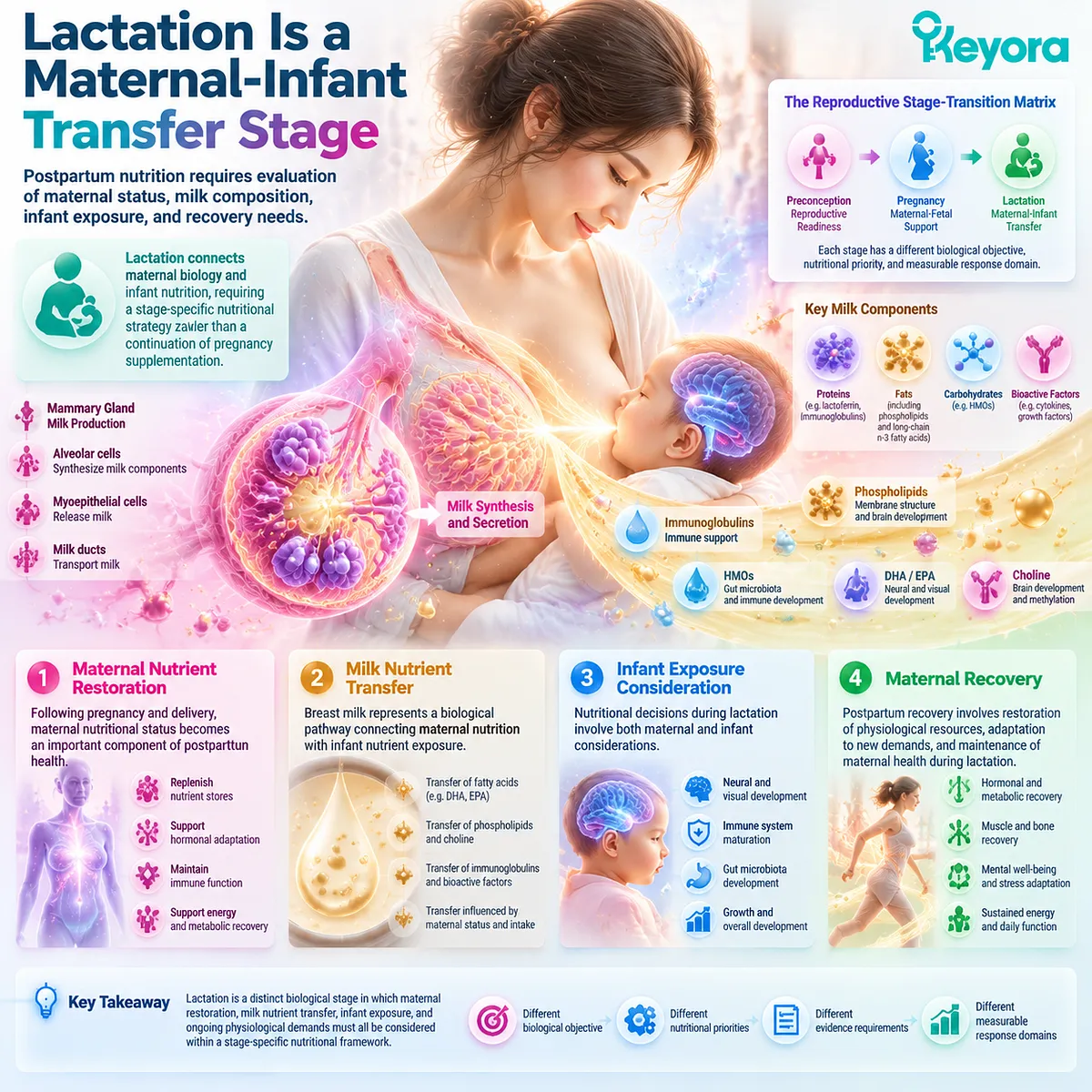 Lactation nutrition supports maternal recovery, breast milk nutrient transfer and infant exposure through the Keyora Reproductive Stage-Transition Matrix. Lactation nutrition supports maternal recovery, breast milk nutrient transfer and infant exposure through the Keyora Reproductive Stage-Transition Matrix.