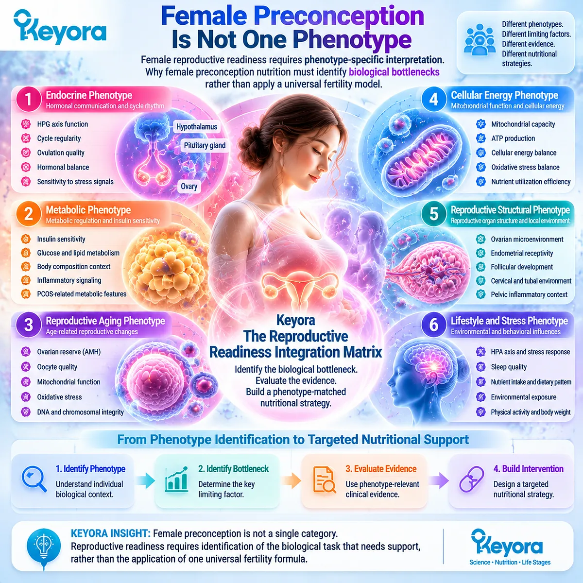 Female preconception nutrition maps endocrine, metabolic, mitochondrial and oxidative stress phenotypes to reproductive readiness in the Keyora Reproductive Readiness Integration Matrix. Female preconception nutrition maps endocrine, metabolic, mitochondrial and oxidative stress phenotypes to reproductive readiness in the Keyora Reproductive Readiness Integration Matrix.