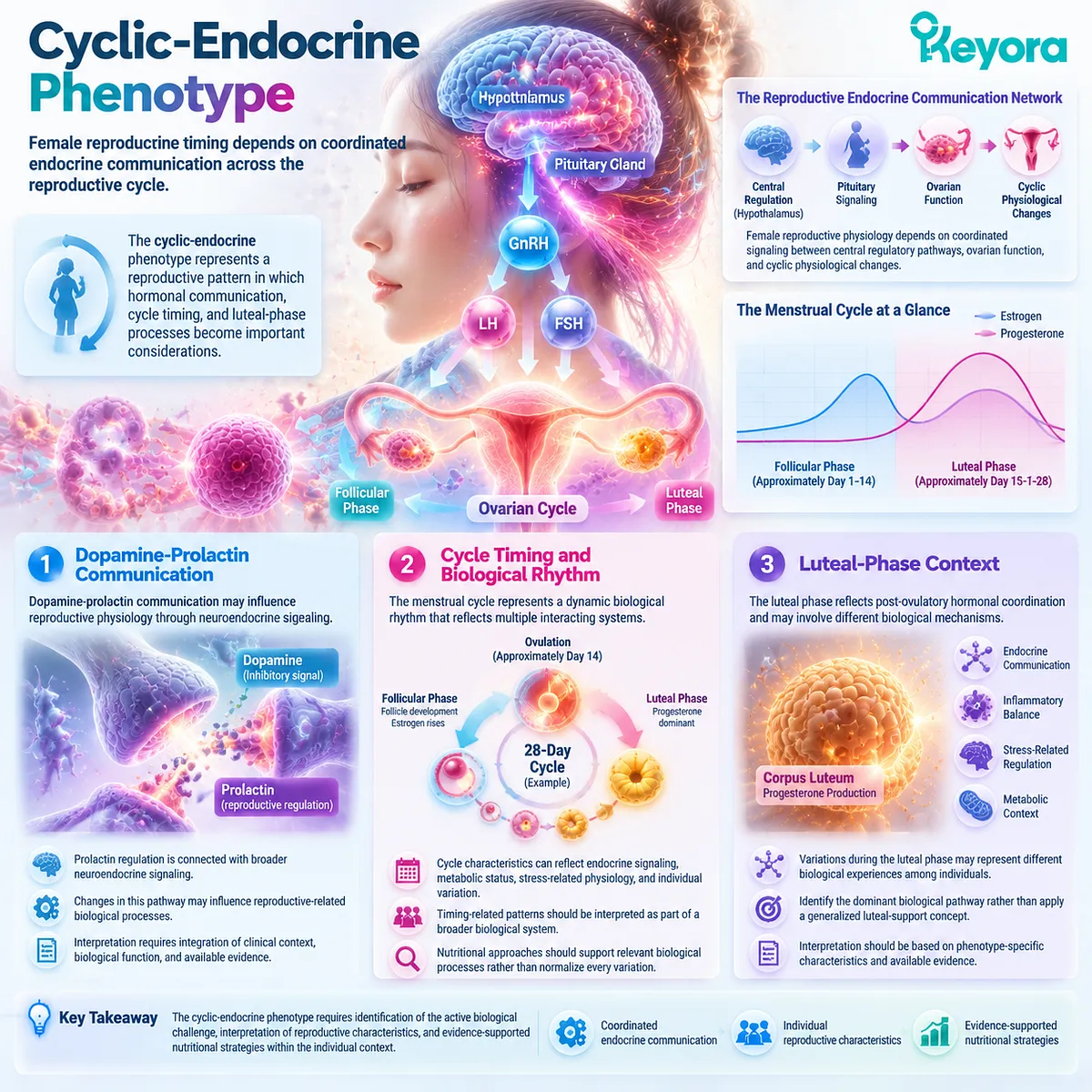 Female preconception hormone balance links dopamine-prolactin signaling, menstrual cycle timing and luteal-phase rhythm within the Keyora Reproductive Readiness Integration Matrix. Female preconception hormone balance links dopamine-prolactin signaling, menstrual cycle timing and luteal-phase rhythm within the Keyora Reproductive Readiness Integration Matrix.
