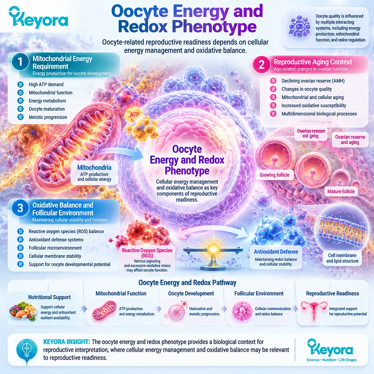 Female fertility wellness links oocyte mitochondrial energy, reproductive aging and oxidative stress balance to follicular support in the Keyora Reproductive Readiness Integration Matrix. Female fertility wellness links oocyte mitochondrial energy, reproductive aging and oxidative stress balance to follicular support in the Keyora Reproductive Readiness Integration Matrix.