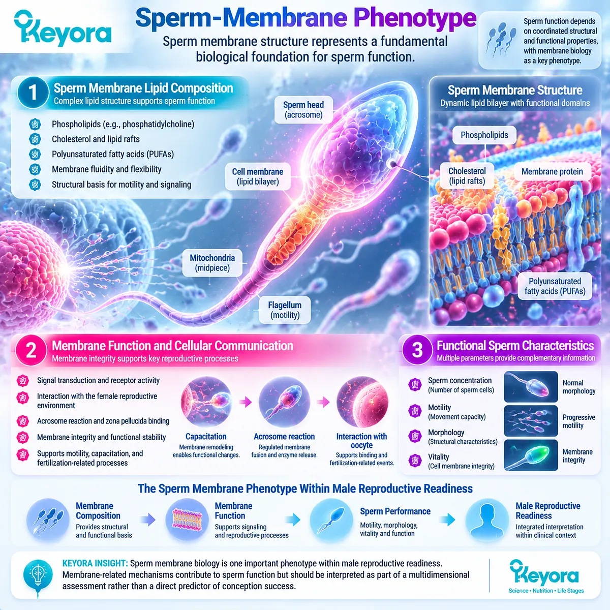 Male fertility wellness links sperm membrane lipid composition and integrity with motility, signaling and semen characteristics in Keyora Partner-Specific Reproductive Architecture. Male fertility wellness links sperm membrane lipid composition and integrity with motility, signaling and semen characteristics in Keyora Partner-Specific Reproductive Architecture.