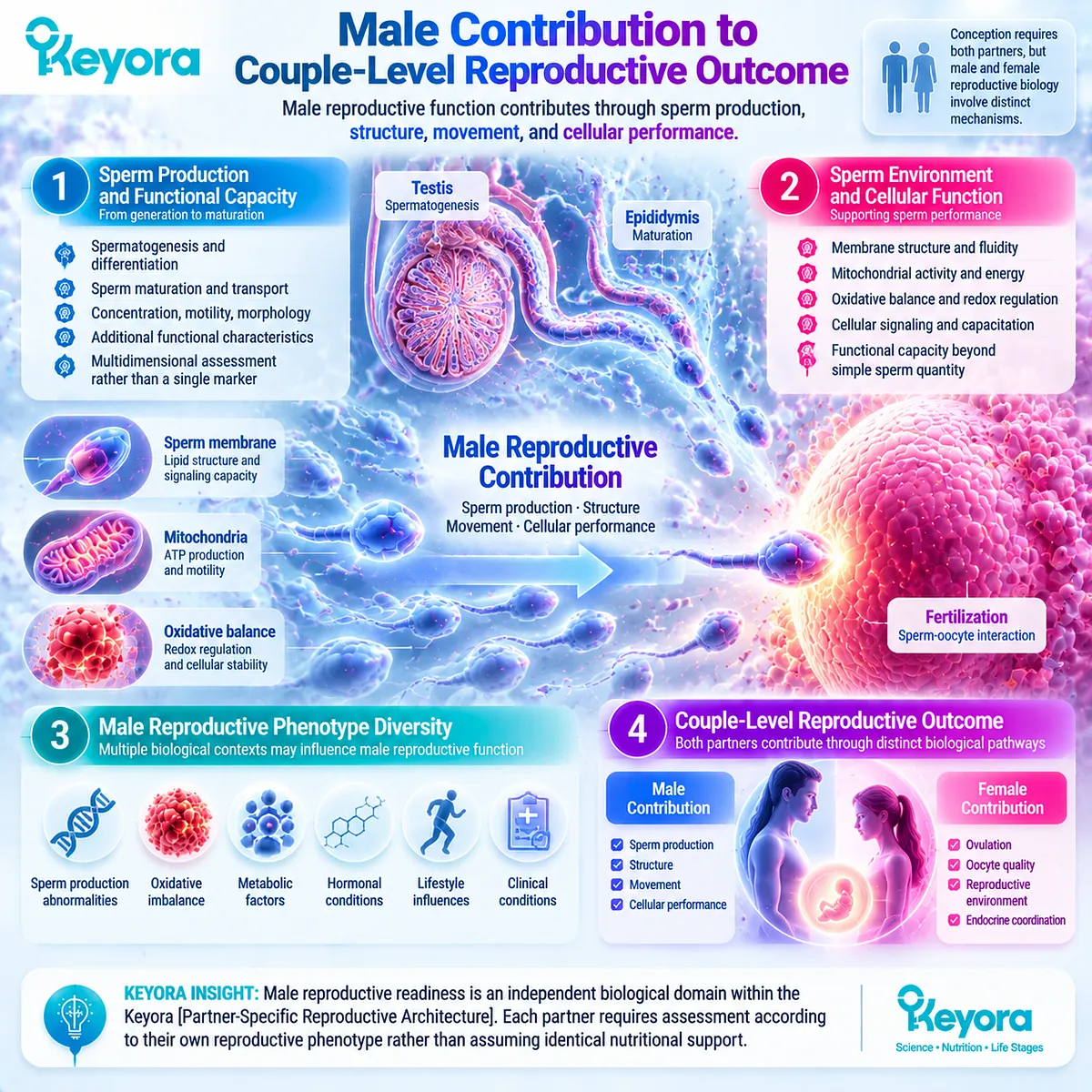 Male preconception fertility wellness links sperm production, motility, membrane function, mitochondrial energy and oxidative balance in Keyora Partner-Specific Reproductive Architecture. Male preconception fertility wellness links sperm production, motility, membrane function, mitochondrial energy and oxidative balance in Keyora Partner-Specific Reproductive Architecture.