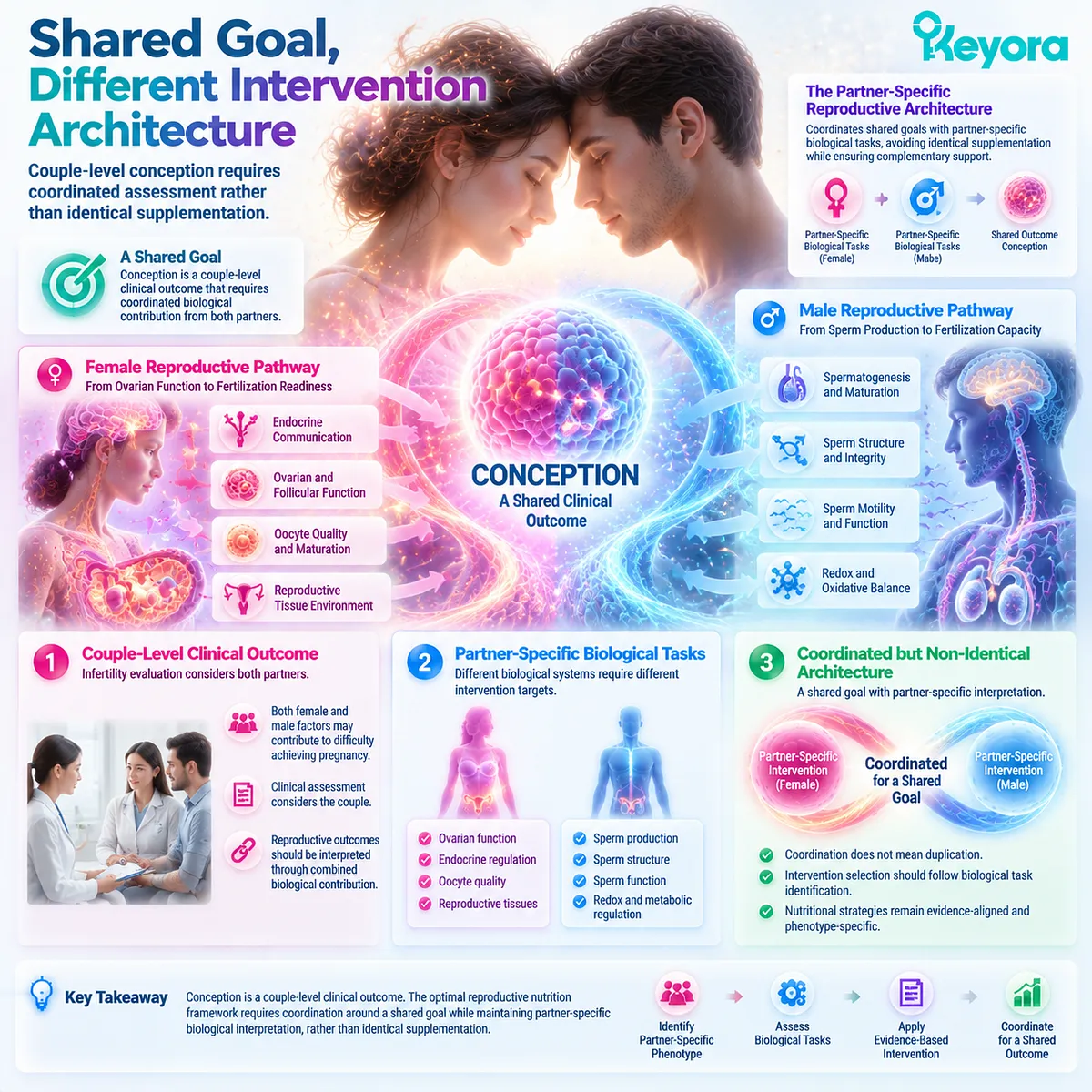 Couple preconception nutrition coordinates female ovarian-endocrine and male sperm pathways without identical supplementation through Keyora Partner-Specific Reproductive Architecture. Couple preconception nutrition coordinates female ovarian-endocrine and male sperm pathways without identical supplementation through Keyora Partner-Specific Reproductive Architecture.