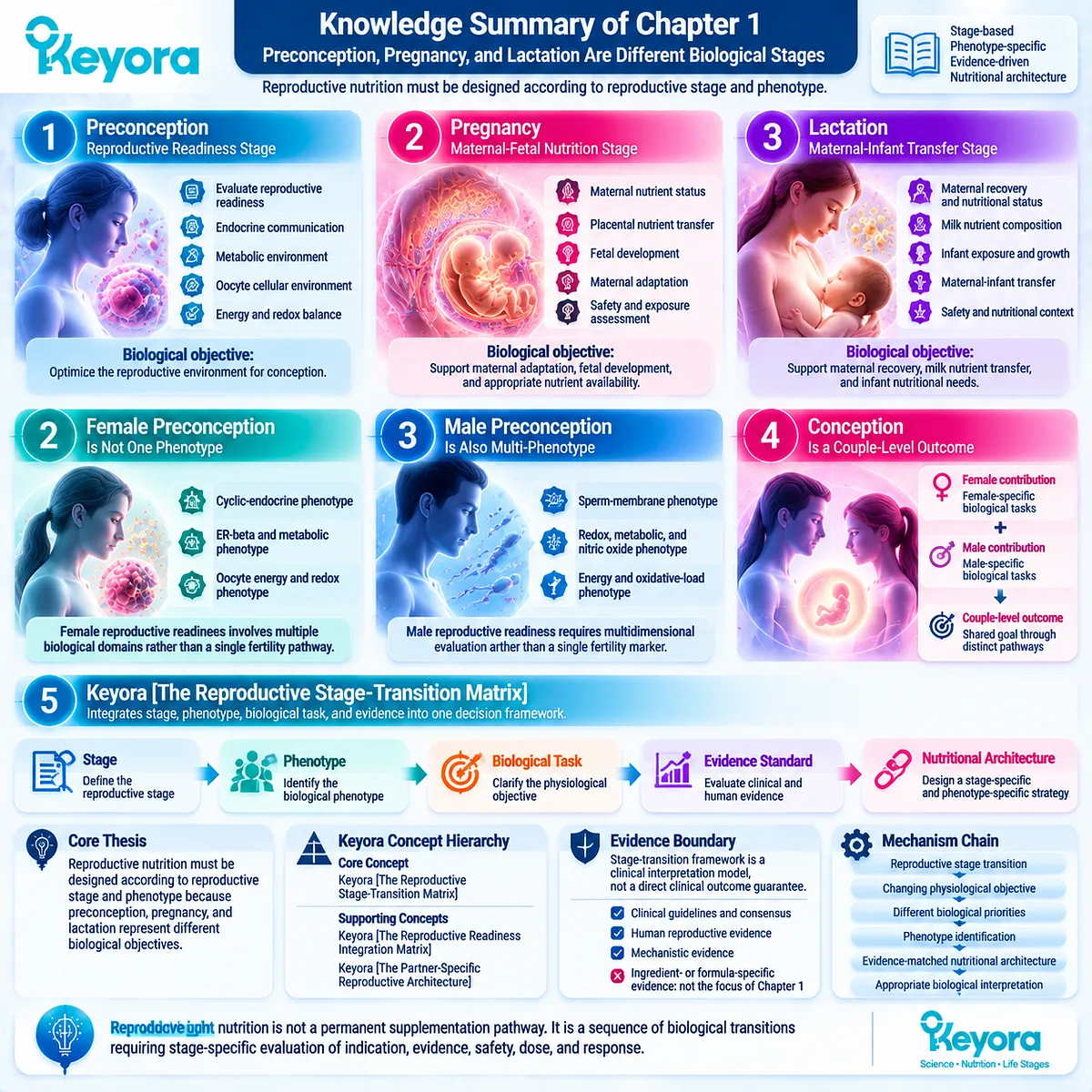 Reproductive nutrition framework maps preconception, pregnancy and lactation through female and male phenotypes, biological tasks and evidence in Keyora Reproductive Stage-Transition Matrix. Reproductive nutrition framework maps preconception, pregnancy and lactation through female and male phenotypes, biological tasks and evidence in Keyora Reproductive Stage-Transition Matrix.