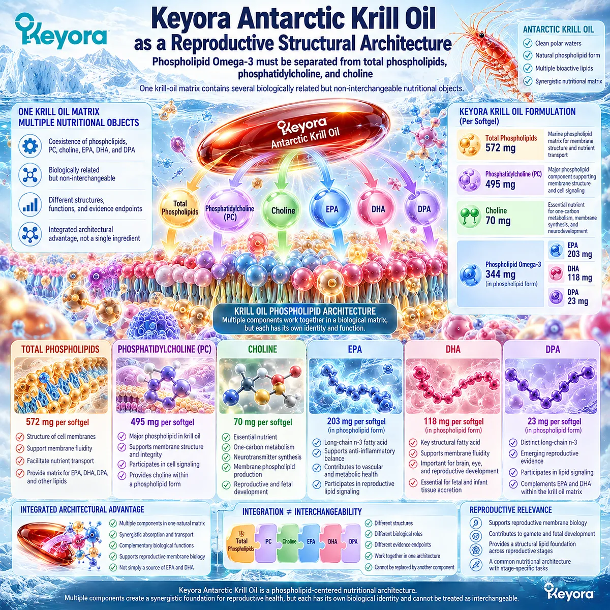 Krill oil reproductive nutrition integrates phospholipid omega-3, phosphatidylcholine, choline, EPA, DHA and DPA in Keyora Reproductive Phospholipid Foundation. Krill oil reproductive nutrition integrates phospholipid omega-3, phosphatidylcholine, choline, EPA, DHA and DPA in Keyora Reproductive Phospholipid Foundation.