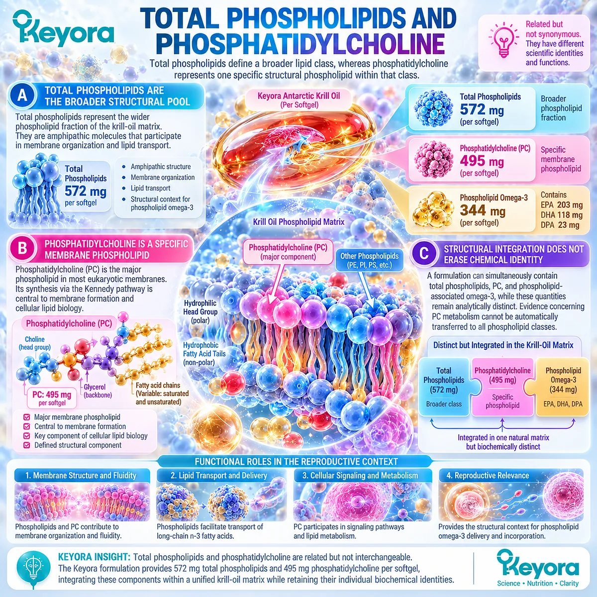 Krill oil phospholipids support membrane lipid architecture, with phosphatidylcholine as a distinct structural phospholipid in Keyora Reproductive Phospholipid Foundation. Krill oil phospholipids support membrane lipid architecture, with phosphatidylcholine as a distinct structural phospholipid in Keyora Reproductive Phospholipid Foundation.