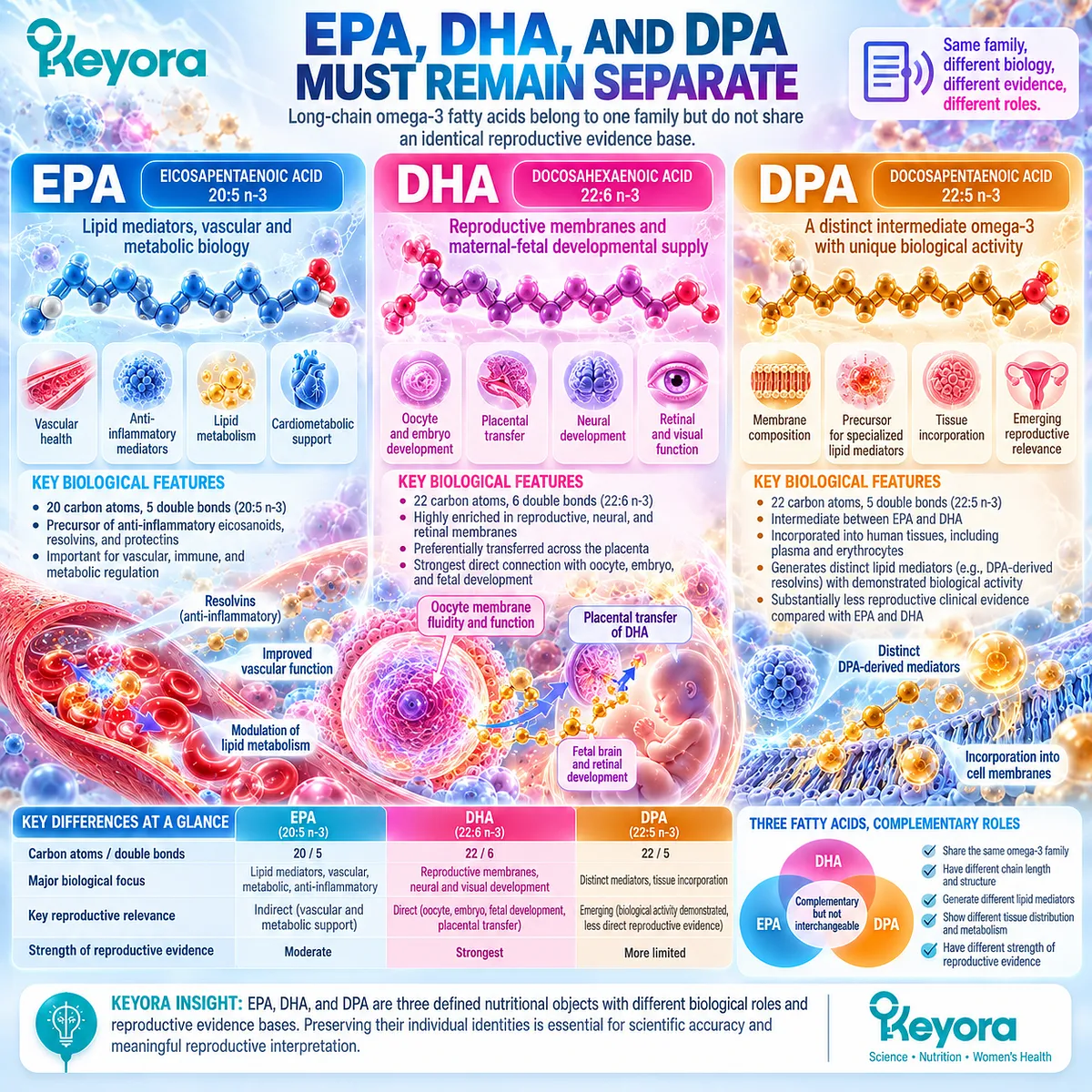 Reproductive omega-3 nutrition separates DHA membrane and fetal supply roles, EPA mediator biology and emerging DPA evidence in Keyora Reproductive Phospholipid Foundation. Reproductive omega-3 nutrition separates DHA membrane and fetal supply roles, EPA mediator biology and emerging DPA evidence in Keyora Reproductive Phospholipid Foundation.
