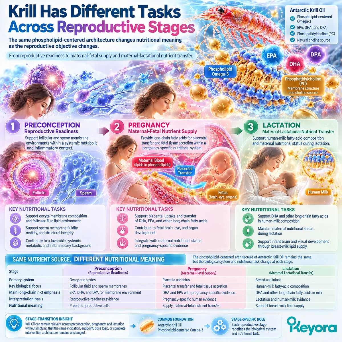 Krill oil reproductive nutrition shifts from gamete membrane readiness to maternal-fetal and lactational lipid supply through Keyora Reproductive Stage-Transition Matrix. Krill oil reproductive nutrition shifts from gamete membrane readiness to maternal-fetal and lactational lipid supply through Keyora Reproductive Stage-Transition Matrix.