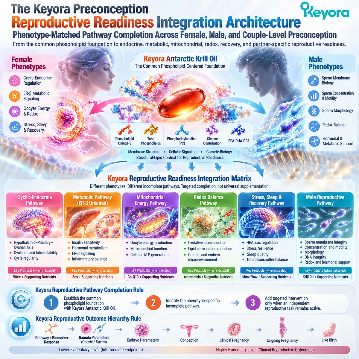 Preconception nutrition links phospholipid omega-3 membrane support with endocrine, metabolic, mitochondrial and redox pathways through Keyora Reproductive Readiness Integration Matrix. Preconception nutrition links phospholipid omega-3 membrane support with endocrine, metabolic, mitochondrial and redox pathways through Keyora Reproductive Readiness Integration Matrix.