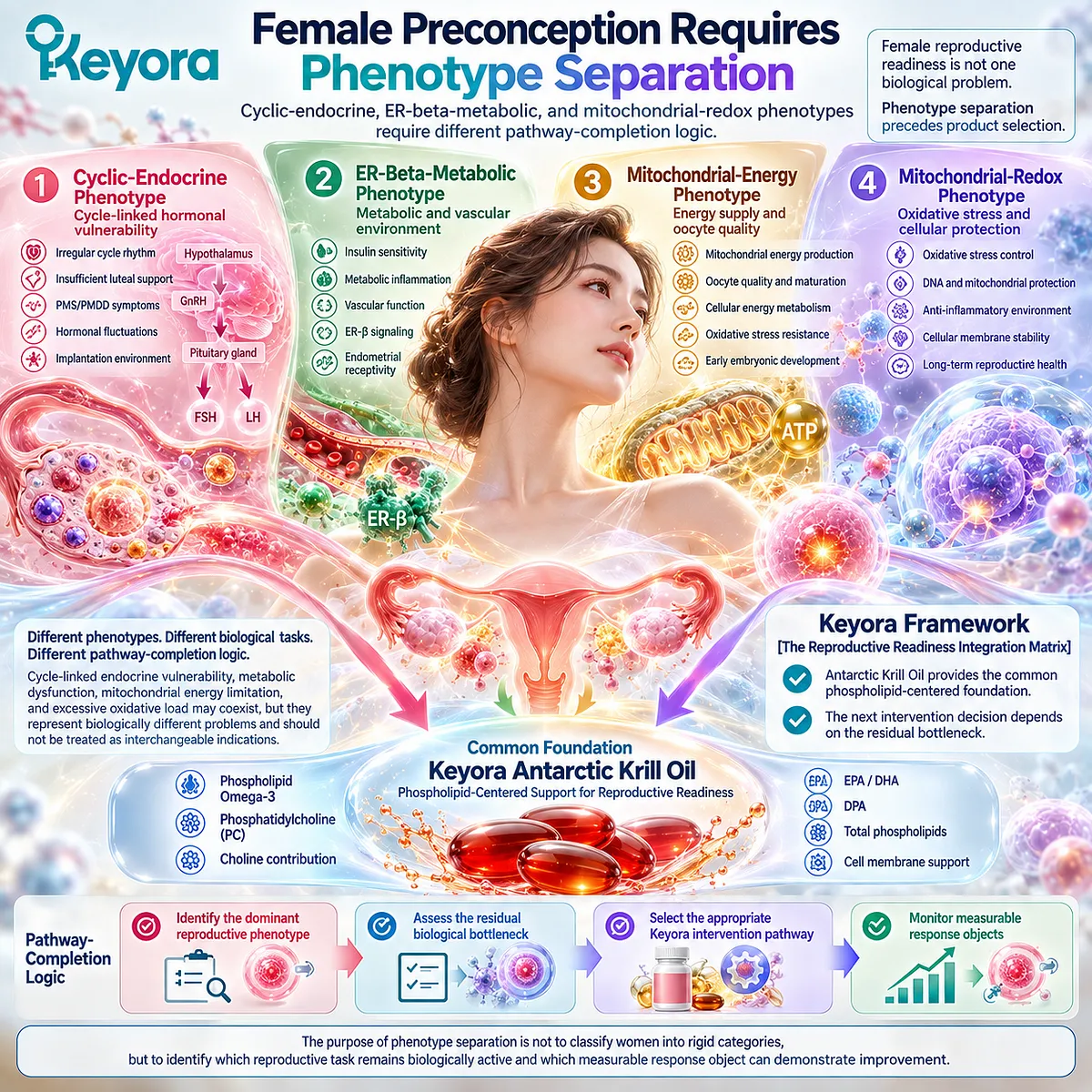 Preconception nutrition separates cyclic-endocrine, ER-β metabolic and mitochondrial-redox phenotypes through the Keyora Reproductive Readiness Integration Matrix. Preconception nutrition separates cyclic-endocrine, ER-β metabolic and mitochondrial-redox phenotypes through the Keyora Reproductive Readiness Integration Matrix.
