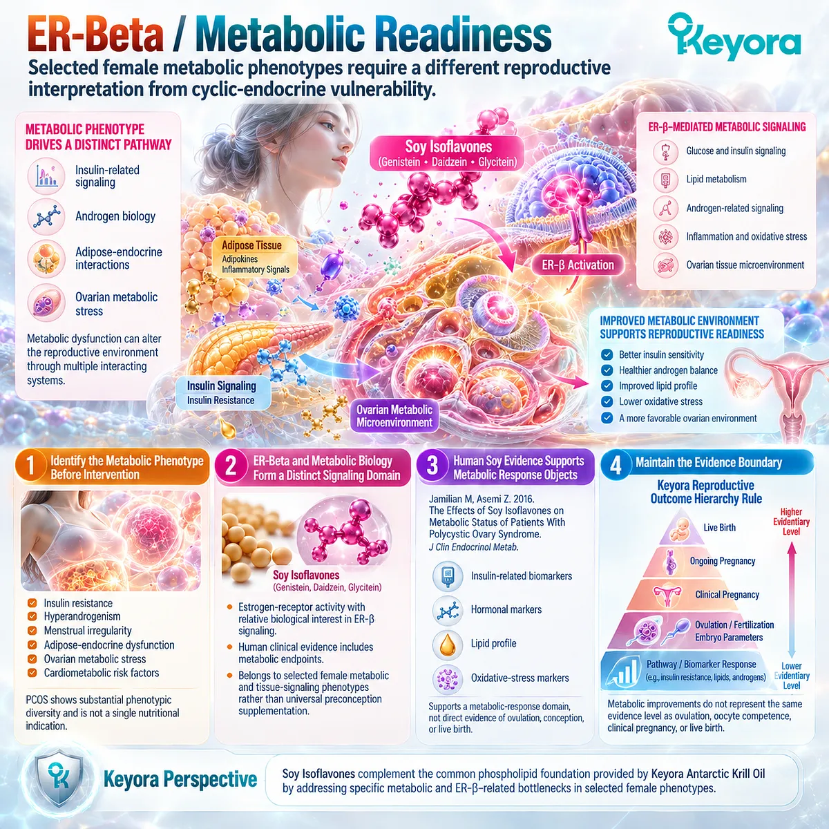 PCOS metabolic health links insulin signaling, ovarian stress and ER-β activity with soy isoflavones in Keyora Reproductive Readiness Integration Matrix. PCOS metabolic health links insulin signaling, ovarian stress and ER-β activity with soy isoflavones in Keyora Reproductive Readiness Integration Matrix.