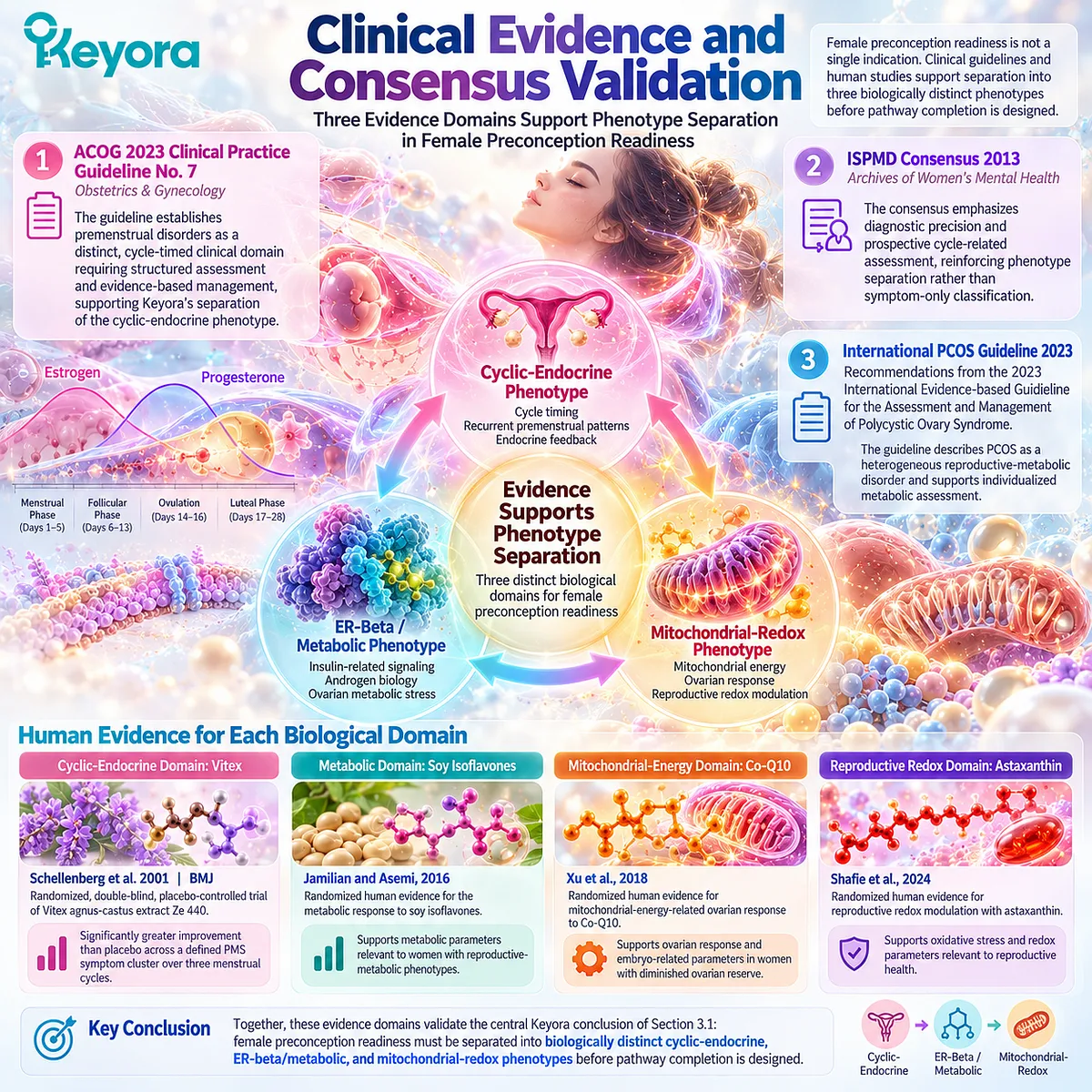 Preconception nutrition evidence separates PMS cycle timing, PCOS metabolic signaling and oocyte mitochondrial-redox support in Keyora Reproductive Readiness Integration Matrix. Preconception nutrition evidence separates PMS cycle timing, PCOS metabolic signaling and oocyte mitochondrial-redox support in Keyora Reproductive Readiness Integration Matrix.