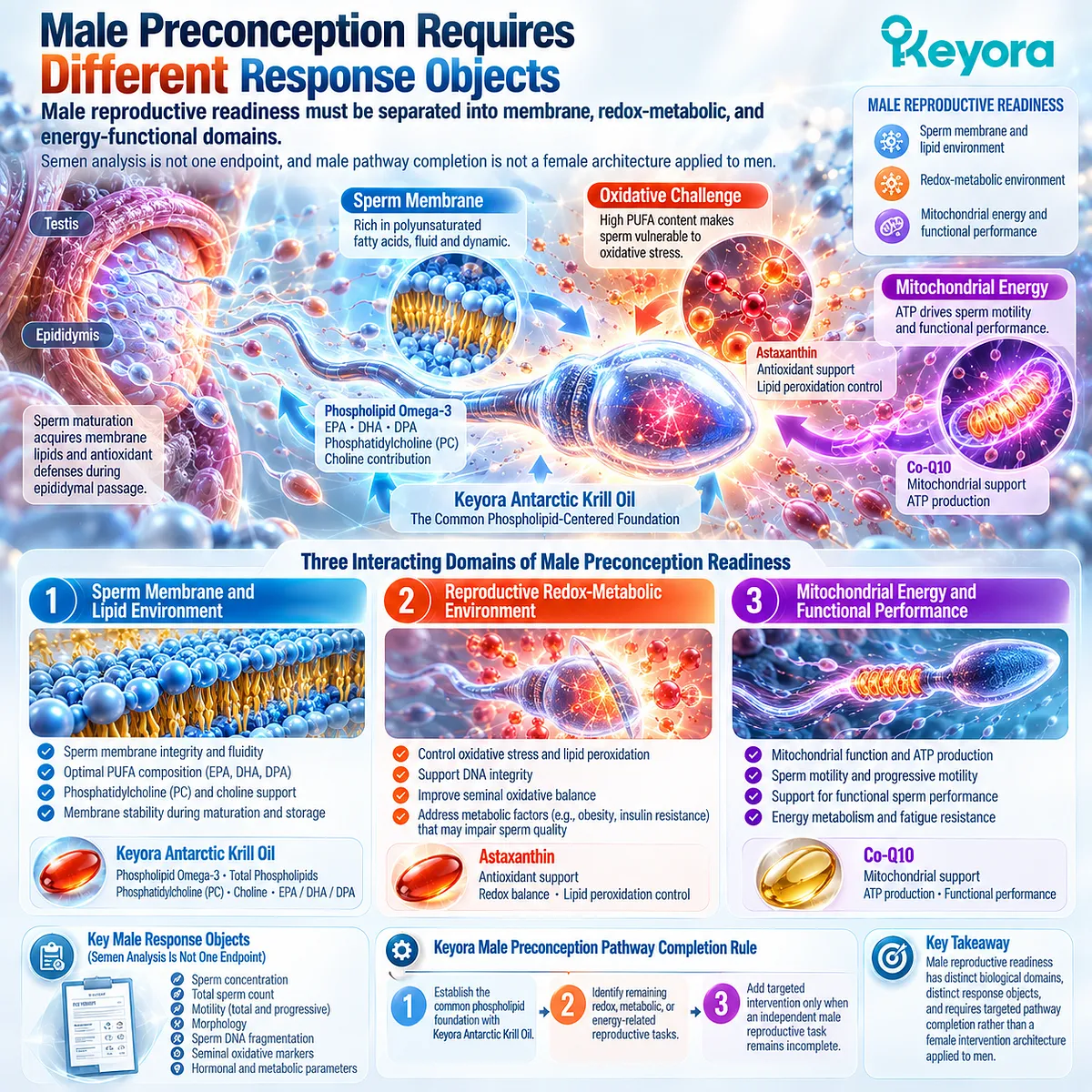 Male fertility wellness links sperm membrane lipids, oxidative balance and mitochondrial energy with krill phospholipids in Keyora Reproductive Readiness Integration Matrix. Male fertility wellness links sperm membrane lipids, oxidative balance and mitochondrial energy with krill phospholipids in Keyora Reproductive Readiness Integration Matrix.