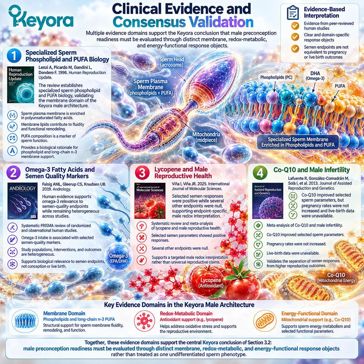 Male preconception nutrition evidence separates sperm membrane lipids, oxidative-metabolic balance and mitochondrial energy in Keyora Reproductive Readiness Integration Matrix. Male preconception nutrition evidence separates sperm membrane lipids, oxidative-metabolic balance and mitochondrial energy in Keyora Reproductive Readiness Integration Matrix.