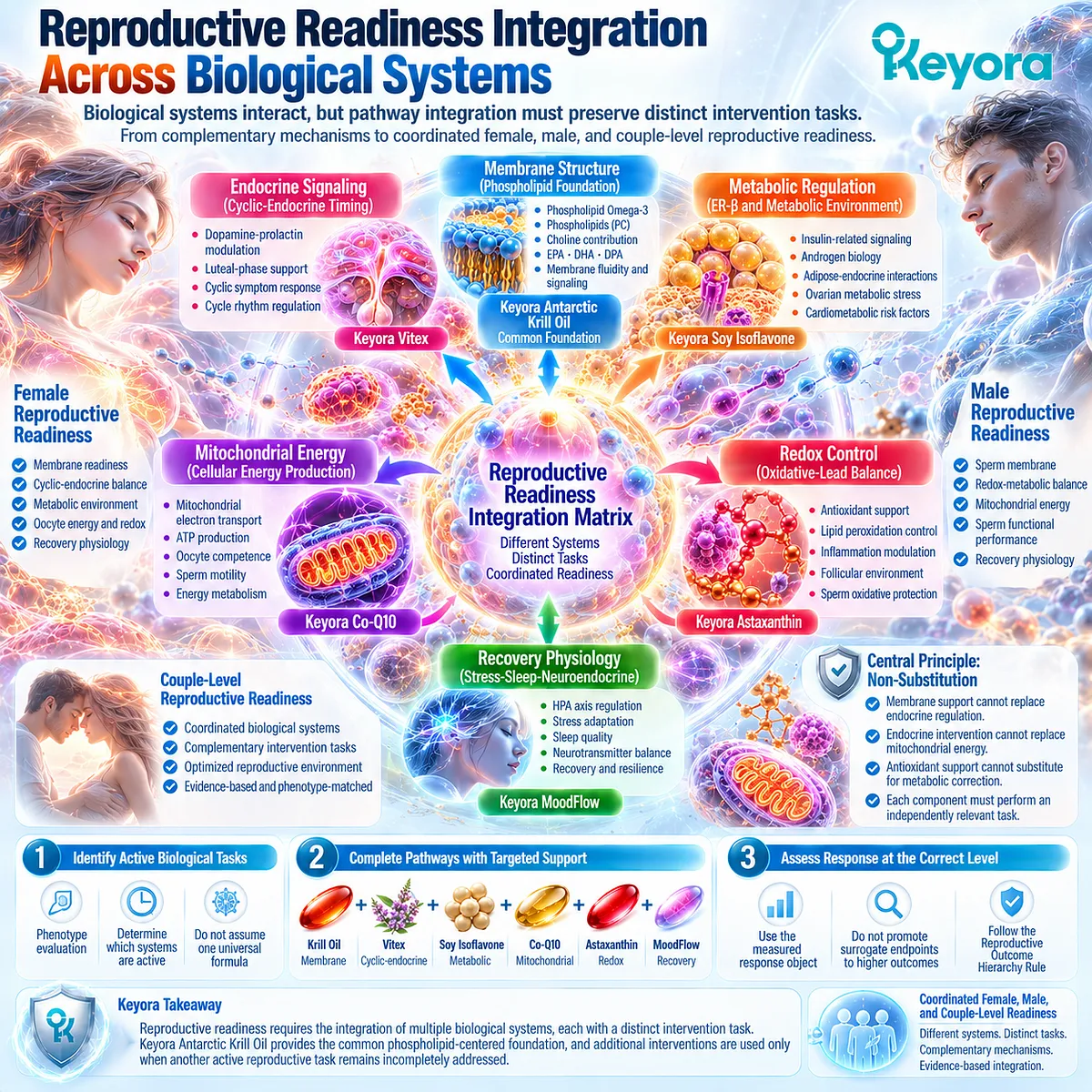 Preconception nutrition integrates membrane, endocrine, metabolic, mitochondrial, redox and recovery pathways through Keyora Reproductive Readiness Integration Matrix. Preconception nutrition integrates membrane, endocrine, metabolic, mitochondrial, redox and recovery pathways through Keyora Reproductive Readiness Integration Matrix.