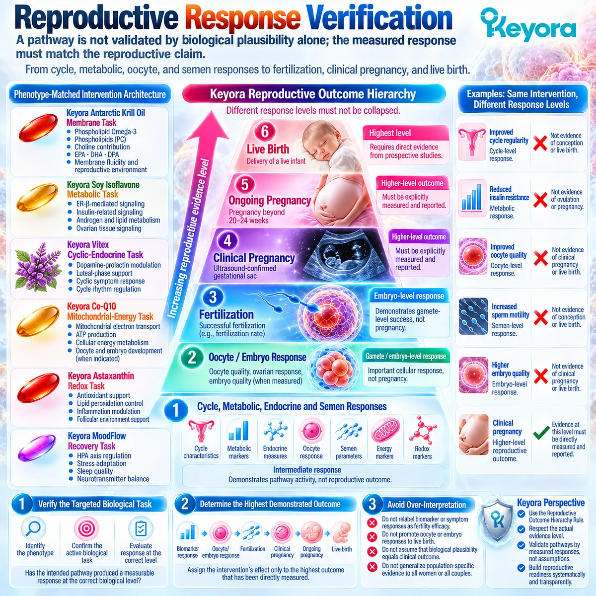 Preconception nutrition outcomes progress from cycle, metabolic, oocyte and semen responses to pregnancy and live birth under Keyora Reproductive Outcome Hierarchy Rule. Preconception nutrition outcomes progress from cycle, metabolic, oocyte and semen responses to pregnancy and live birth under Keyora Reproductive Outcome Hierarchy Rule.
