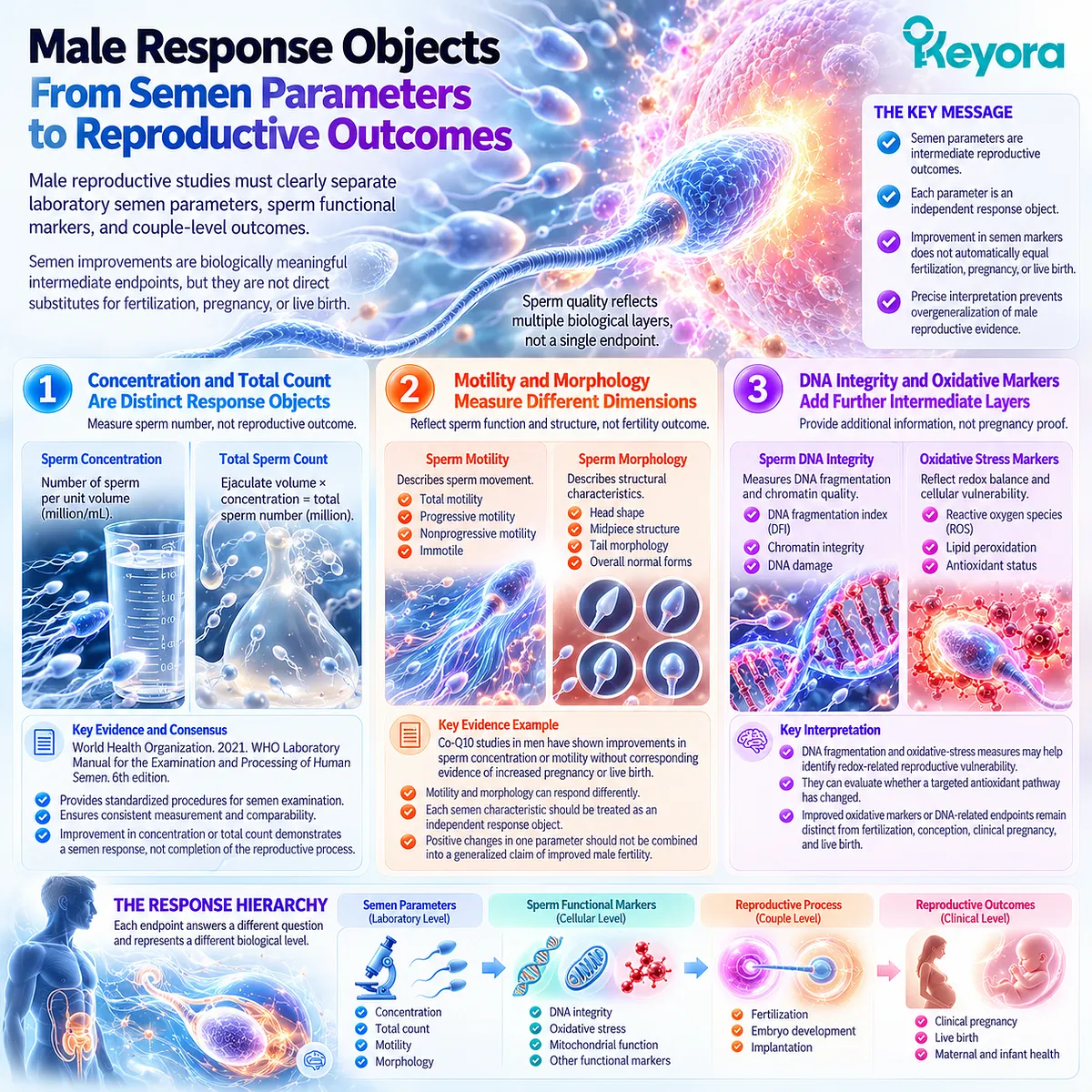Male fertility outcomes separate sperm count, motility, morphology, DNA integrity and oxidative stress from pregnancy and live birth under Keyora Reproductive Outcome Hierarchy Rule. Male fertility outcomes separate sperm count, motility, morphology, DNA integrity and oxidative stress from pregnancy and live birth under Keyora Reproductive Outcome Hierarchy Rule.