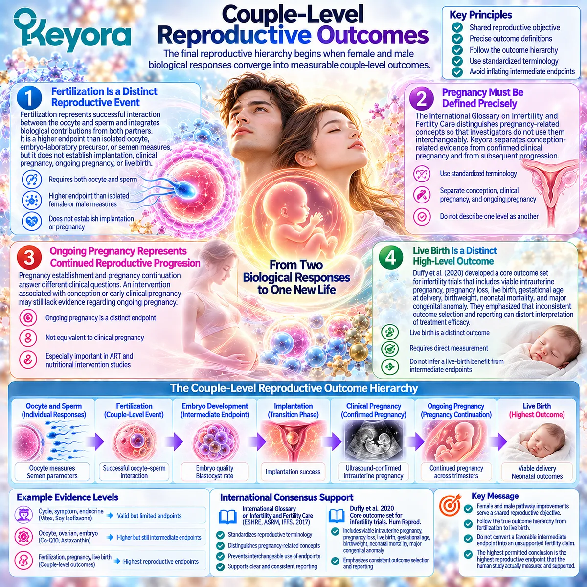 Fertility outcomes progress from fertilization to clinical and ongoing pregnancy and live birth under Keyora Reproductive Outcome Hierarchy Rule for couple-level evidence. Fertility outcomes progress from fertilization to clinical and ongoing pregnancy and live birth under Keyora Reproductive Outcome Hierarchy Rule for couple-level evidence.