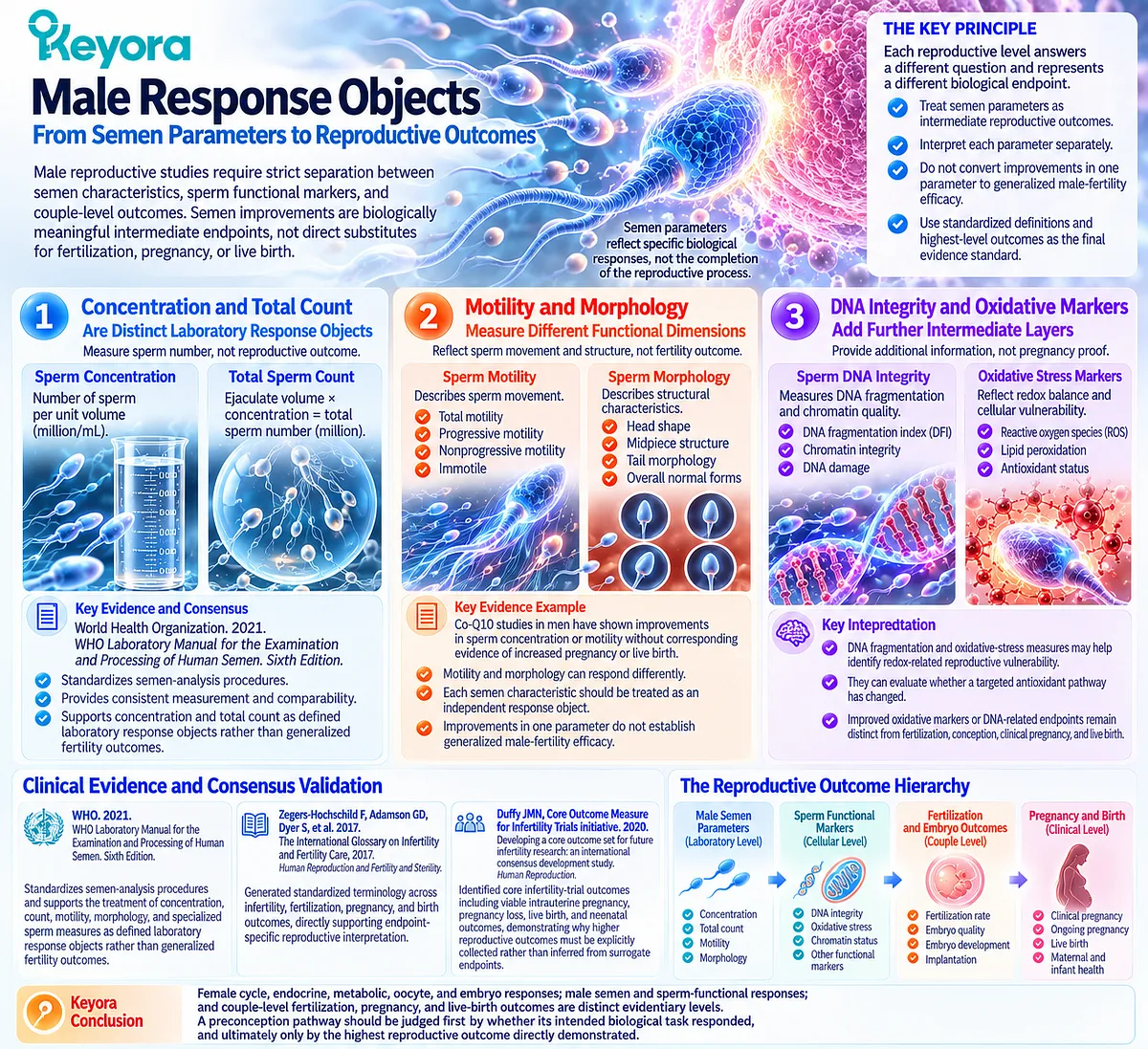 Fertility evidence separates female, semen, fertilization, pregnancy and live-birth outcomes using WHO standards and Keyora Reproductive Outcome Hierarchy Rule. Fertility evidence separates female, semen, fertilization, pregnancy and live-birth outcomes using WHO standards and Keyora Reproductive Outcome Hierarchy Rule.