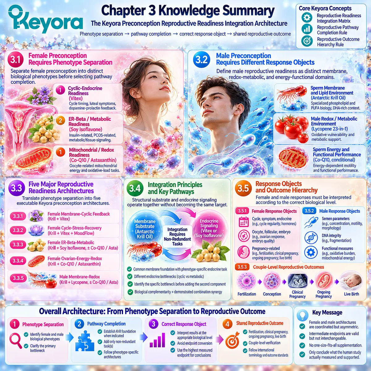Preconception nutrition maps female and male phenotypes from krill phospholipid foundations to endocrine, metabolic, energy and redox pathways in Keyora Reproductive Readiness Integration Matrix. Preconception nutrition maps female and male phenotypes from krill phospholipid foundations to endocrine, metabolic, energy and redox pathways in Keyora Reproductive Readiness Integration Matrix.