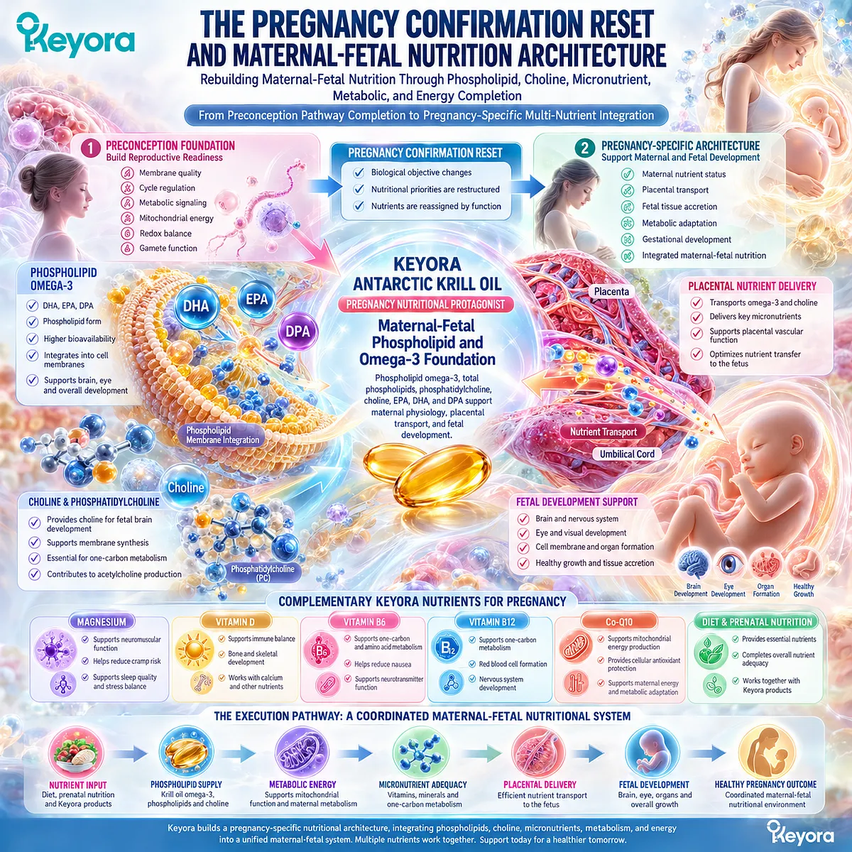Pregnancy nutrition links phospholipid omega-3, choline and micronutrient support with maternal-fetal development through Keyora Pregnancy Nutrient Reconstruction Architecture. Pregnancy nutrition links phospholipid omega-3, choline and micronutrient support with maternal-fetal development through Keyora Pregnancy Nutrient Reconstruction Architecture.
