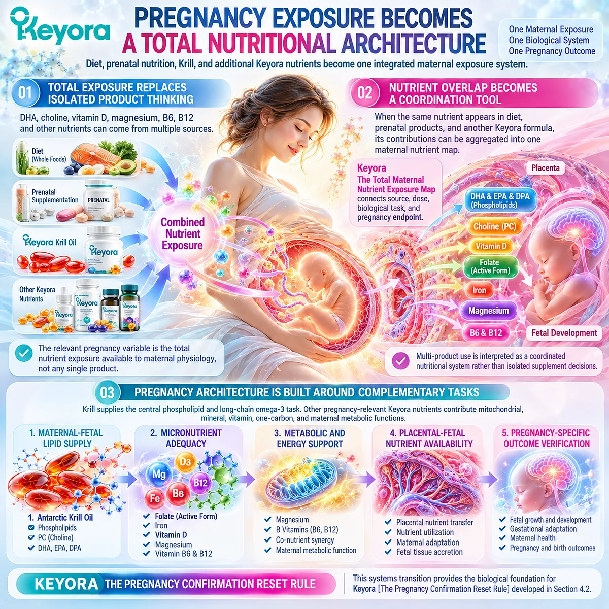 Pregnancy nutrition integrates diet, prenatal supplements, omega-3, choline and micronutrients into Keyora Total Maternal Nutrient Exposure Map for coordinated maternal-fetal support. Pregnancy nutrition integrates diet, prenatal supplements, omega-3, choline and micronutrients into Keyora Total Maternal Nutrient Exposure Map for coordinated maternal-fetal support.