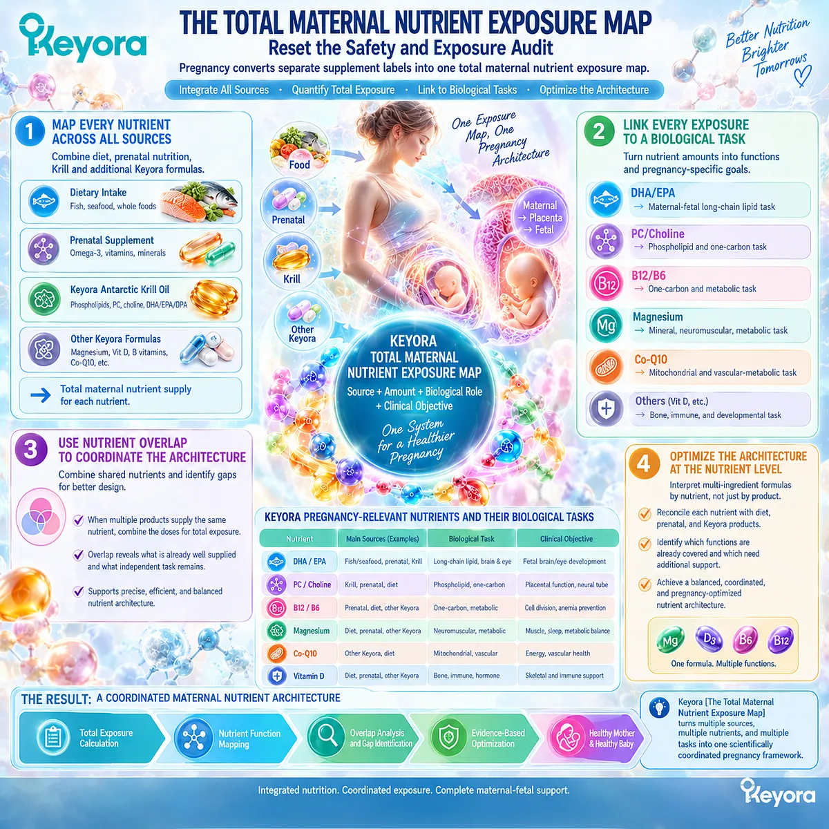 Pregnancy supplement safety maps total DHA, choline, vitamins and magnesium across diet and formulas using Keyora Total Maternal Nutrient Exposure Map. Pregnancy supplement safety maps total DHA, choline, vitamins and magnesium across diet and formulas using Keyora Total Maternal Nutrient Exposure Map.