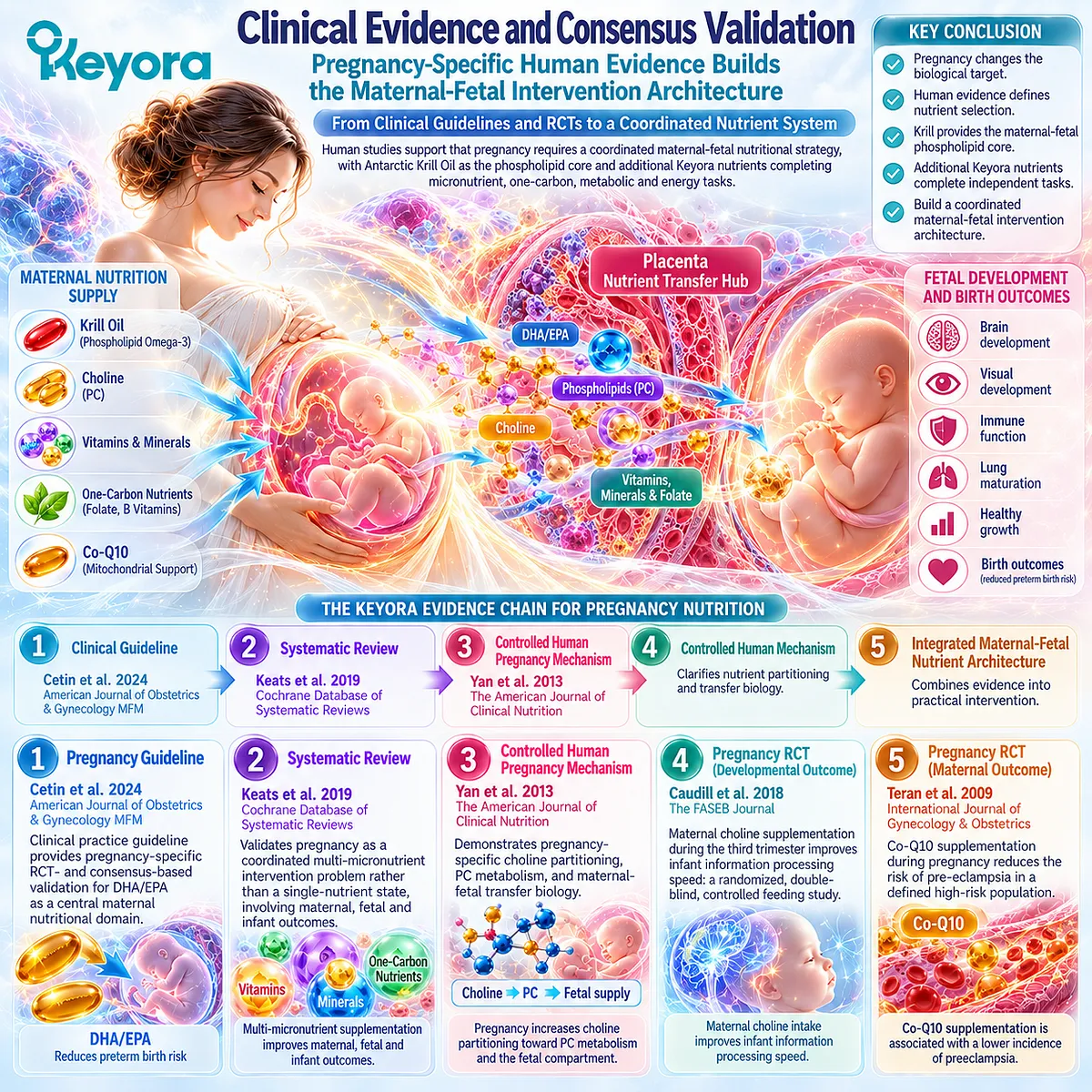 Pregnancy nutrition evidence links DHA/EPA, choline-PC metabolism, micronutrients and Co-Q10 to Keyora Pregnancy Nutrient Reconstruction Architecture. Pregnancy nutrition evidence links DHA/EPA, choline-PC metabolism, micronutrients and Co-Q10 to Keyora Pregnancy Nutrient Reconstruction Architecture.