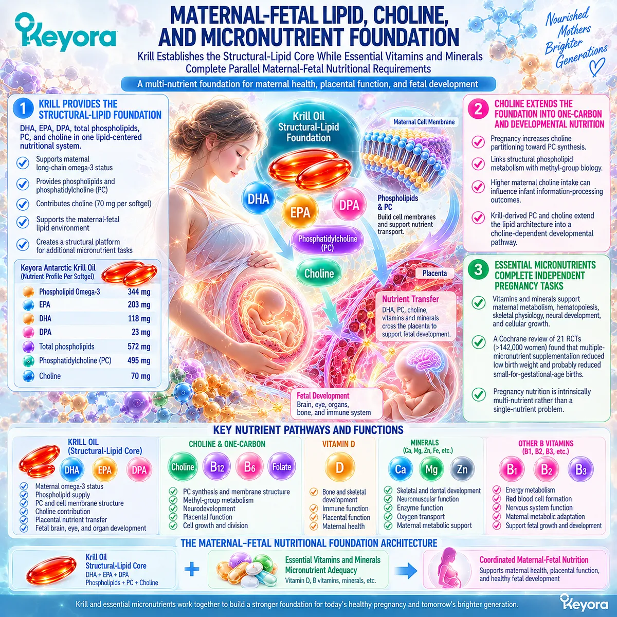 Pregnancy nutrition combines omega-3, PC-choline metabolism and essential micronutrients through Keyora Maternal-Fetal Nutrient Completion Architecture for coordinated support. Pregnancy nutrition combines omega-3, PC-choline metabolism and essential micronutrients through Keyora Maternal-Fetal Nutrient Completion Architecture for coordinated support.