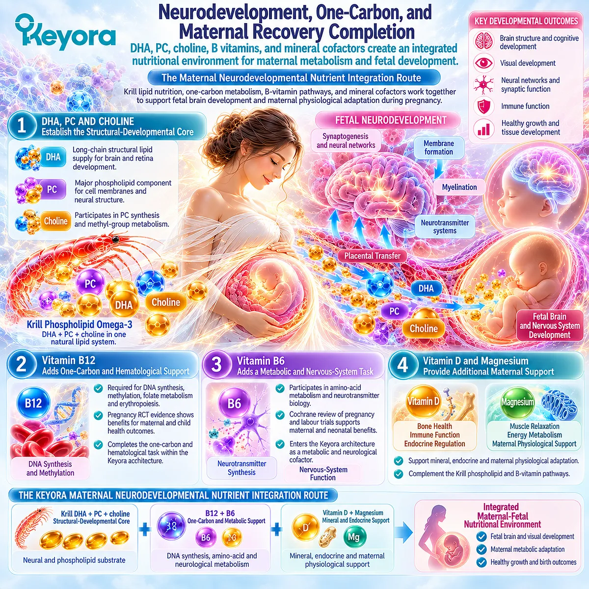 Pregnancy neurodevelopment nutrition links DHA, PC-choline, B12, B6, vitamin D and magnesium through Keyora Maternal Neurodevelopmental Nutrient Integration Route. Pregnancy neurodevelopment nutrition links DHA, PC-choline, B12, B6, vitamin D and magnesium through Keyora Maternal Neurodevelopmental Nutrient Integration Route.