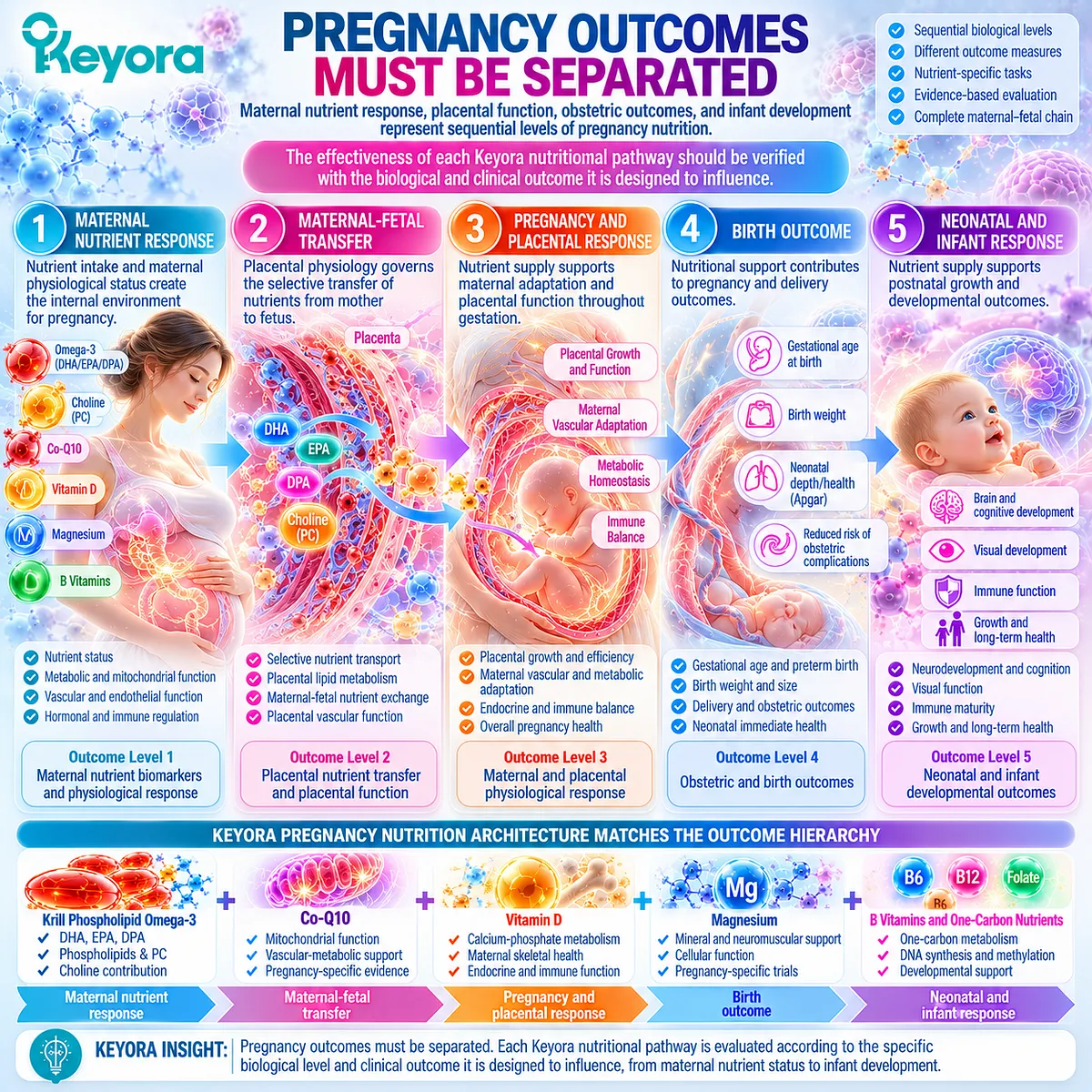 Pregnancy nutrition outcomes progress from maternal nutrient status and placental transfer to birth and infant development in Keyora Reproductive Outcome Hierarchy Rule. Pregnancy nutrition outcomes progress from maternal nutrient status and placental transfer to birth and infant development in Keyora Reproductive Outcome Hierarchy Rule.