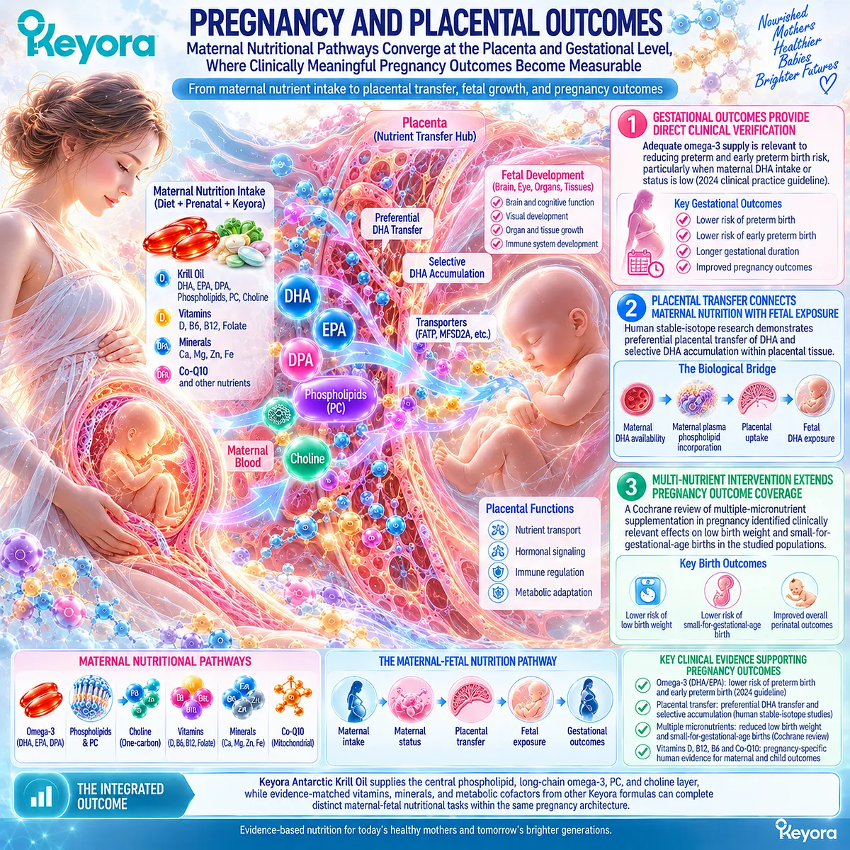 Pregnancy outcomes link maternal DHA status, placental transfer, gestational duration and micronutrient support through Keyora Reproductive Outcome Hierarchy Rule. Pregnancy outcomes link maternal DHA status, placental transfer, gestational duration and micronutrient support through Keyora Reproductive Outcome Hierarchy Rule.