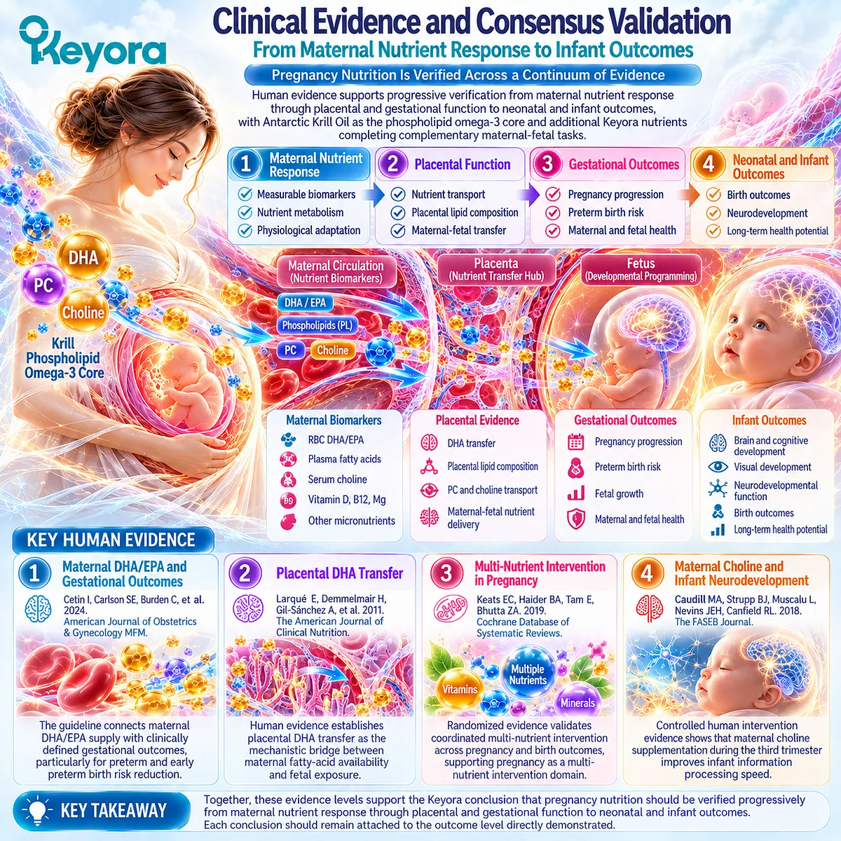 Pregnancy nutrition evidence links DHA/EPA status, placental DHA transfer, birth outcomes and infant development through Keyora Reproductive Outcome Hierarchy Rule. Pregnancy nutrition evidence links DHA/EPA status, placental DHA transfer, birth outcomes and infant development through Keyora Reproductive Outcome Hierarchy Rule.