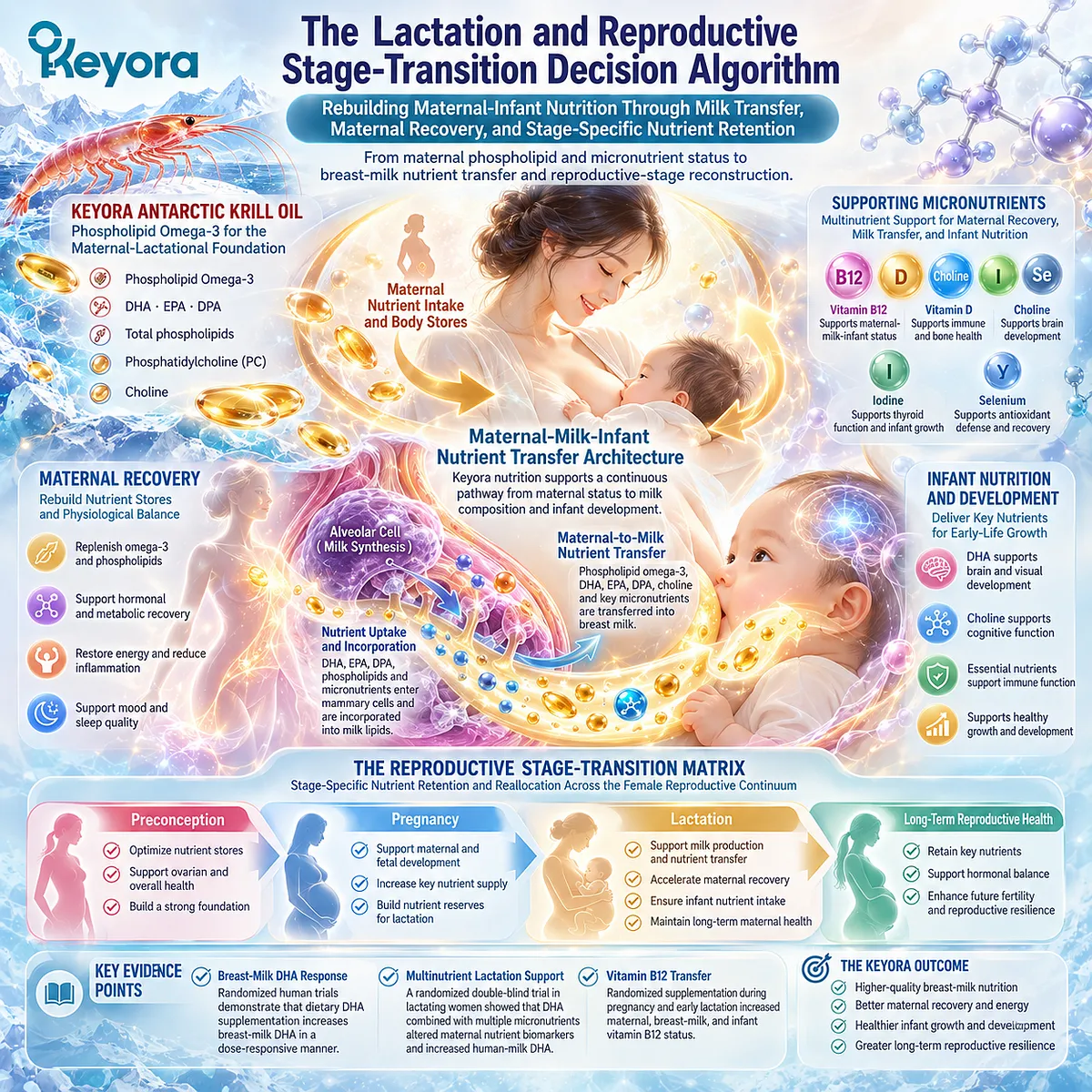 Lactation nutrition links phospholipid omega-3 and DHA with breast-milk nutrient transfer and maternal recovery in Keyora Maternal-Milk-Infant Nutrient Transfer Architecture. Lactation nutrition links phospholipid omega-3 and DHA with breast-milk nutrient transfer and maternal recovery in Keyora Maternal-Milk-Infant Nutrient Transfer Architecture.