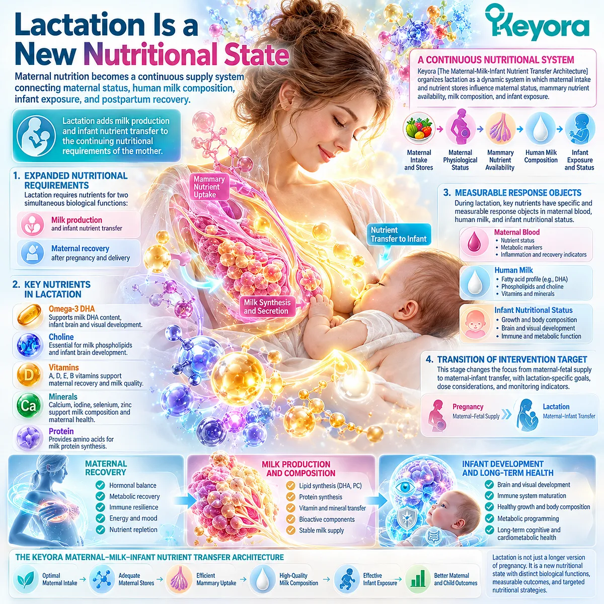 Lactation nutrition links maternal omega-3, choline and micronutrient status to breast-milk composition, infant nutrient exposure and postpartum recovery in Keyora’s transfer architecture. Lactation nutrition links maternal omega-3, choline and micronutrient status to breast-milk composition, infant nutrient exposure and postpartum recovery in Keyora’s transfer architecture.