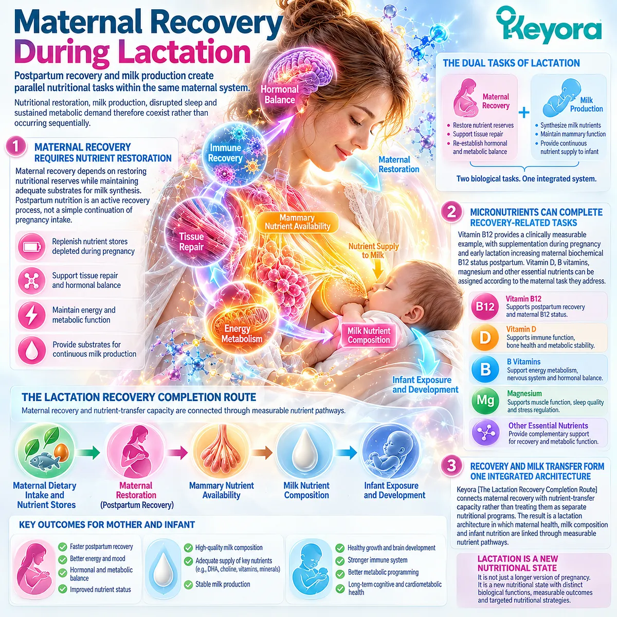 Postpartum nutrition links maternal nutrient restoration with milk production and infant exposure through Keyora’s Lactation Recovery Completion Route and nutrient-transfer pathway. Postpartum nutrition links maternal nutrient restoration with milk production and infant exposure through Keyora’s Lactation Recovery Completion Route and nutrient-transfer pathway.