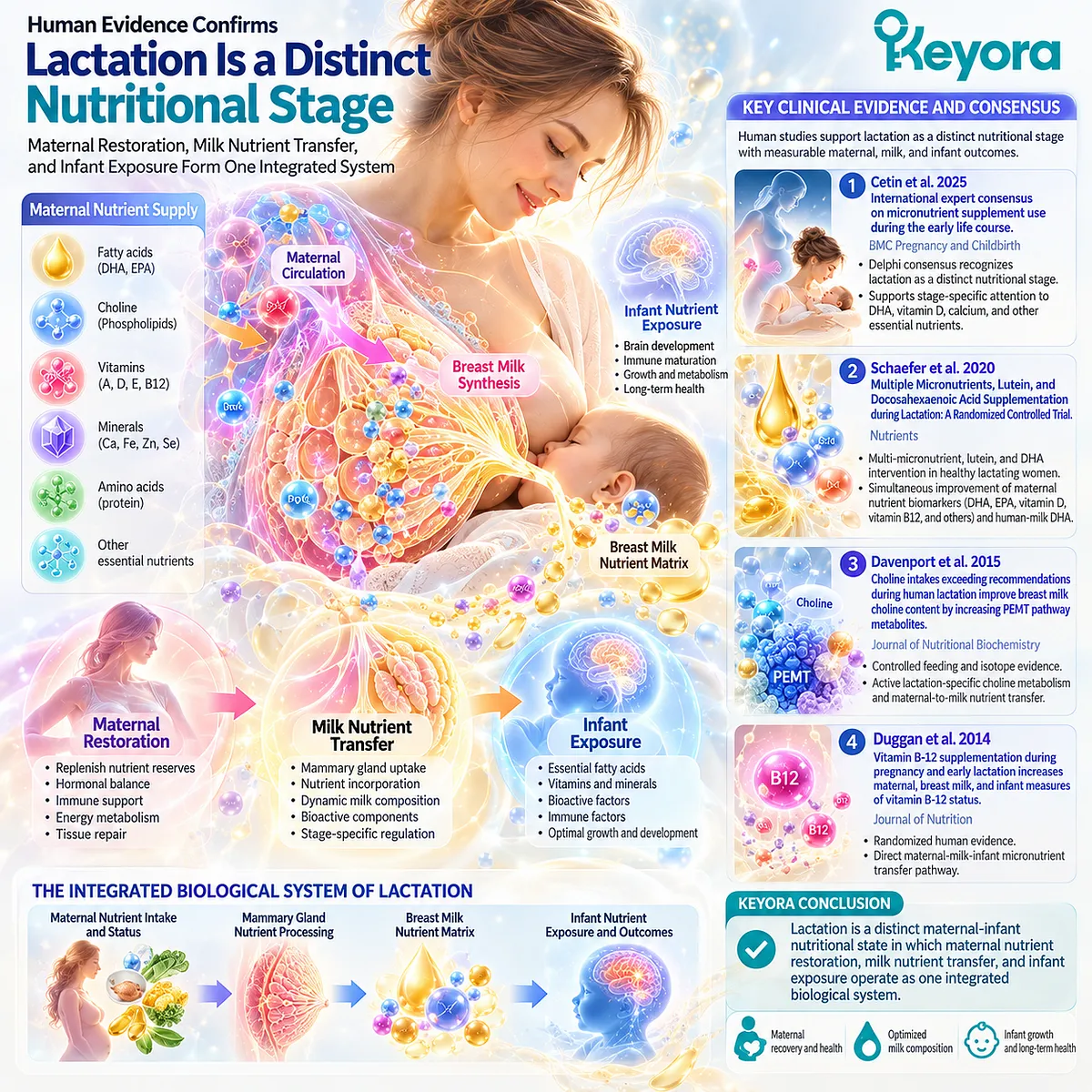 Lactation evidence links maternal DHA, choline and vitamin B12 status with breast-milk nutrient transfer and infant exposure in Keyora’s maternal-infant nutrition architecture. Lactation evidence links maternal DHA, choline and vitamin B12 status with breast-milk nutrient transfer and infant exposure in Keyora’s maternal-infant nutrition architecture.