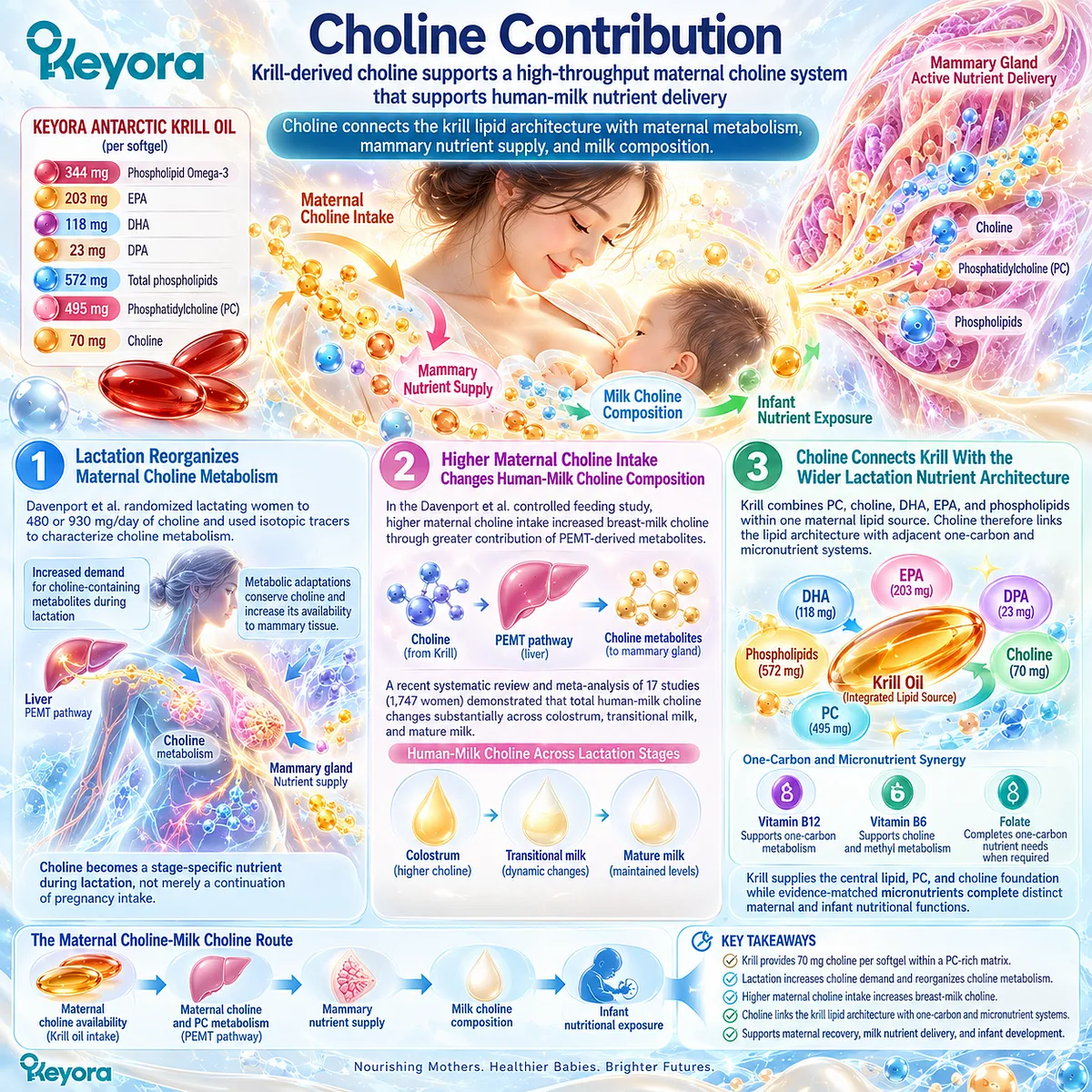 Lactation choline supports PC metabolism, mammary nutrient supply and breast-milk choline composition through Keyora’s Maternal Choline-Milk Choline Route. Lactation choline supports PC metabolism, mammary nutrient supply and breast-milk choline composition through Keyora’s Maternal Choline-Milk Choline Route.