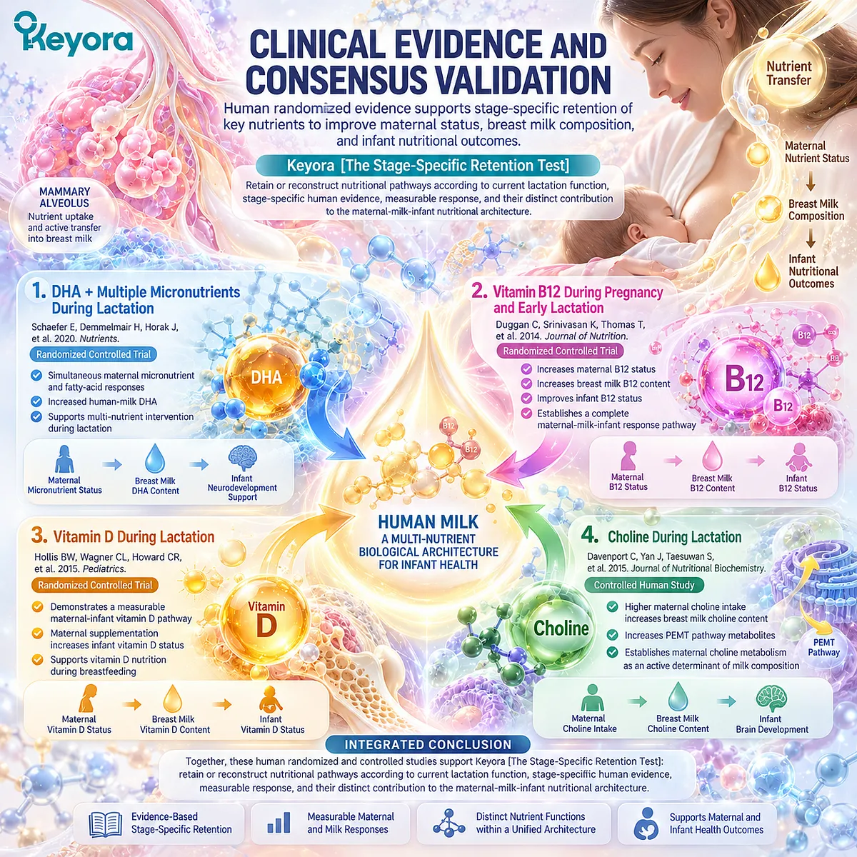 Lactation evidence maps DHA, choline, vitamin B12 and vitamin D to maternal, breast-milk and infant responses through Keyora’s Stage-Specific Retention Test. Lactation evidence maps DHA, choline, vitamin B12 and vitamin D to maternal, breast-milk and infant responses through Keyora’s Stage-Specific Retention Test.