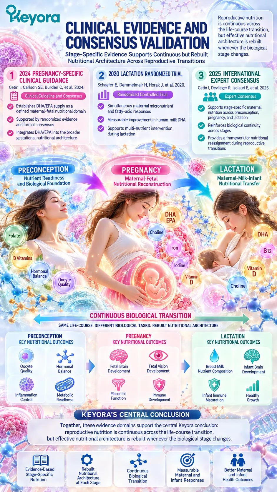 Lactation nutrition links maternal DHA, choline, B12 and vitamin D with breast-milk transfer and infant exposure through Keyora’s Reproductive Stage-Transition Matrix. Lactation nutrition links maternal DHA, choline, B12 and vitamin D with breast-milk transfer and infant exposure through Keyora’s Reproductive Stage-Transition Matrix.