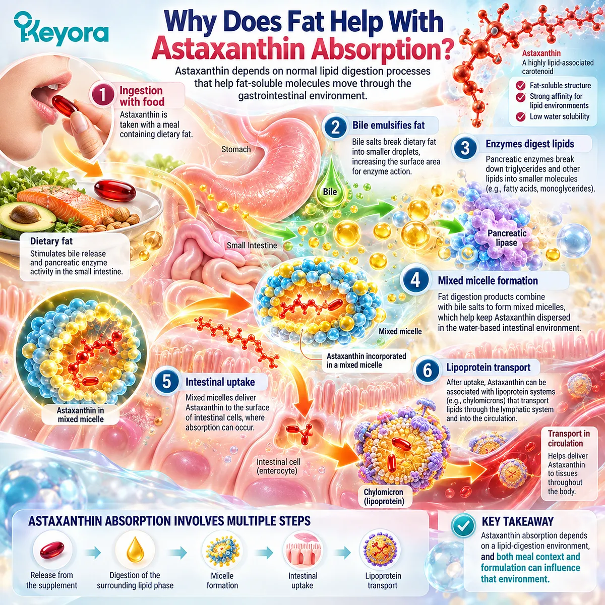 Astaxanthin absorption relies on lipid digestion, bile and mixed-micelle transport to support intestinal uptake, mapped through the Keyora Astaxanthin Matrix. Astaxanthin absorption relies on lipid digestion, bile and mixed-micelle transport to support intestinal uptake, mapped through the Keyora Astaxanthin Matrix.
